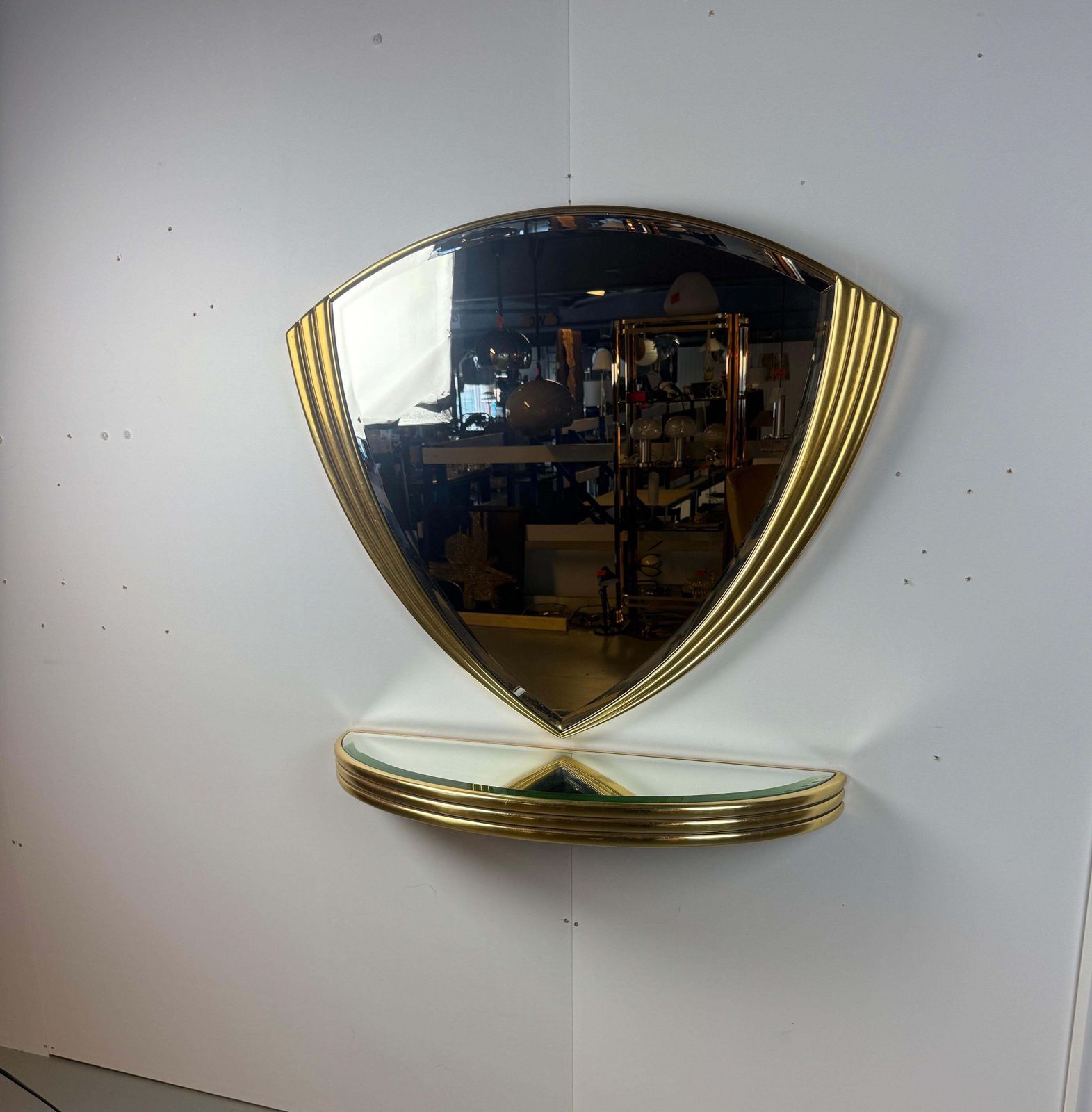 Art Deco Triangle Golden Wall Mirror With Console 1970 Belgium  Set photo for sale