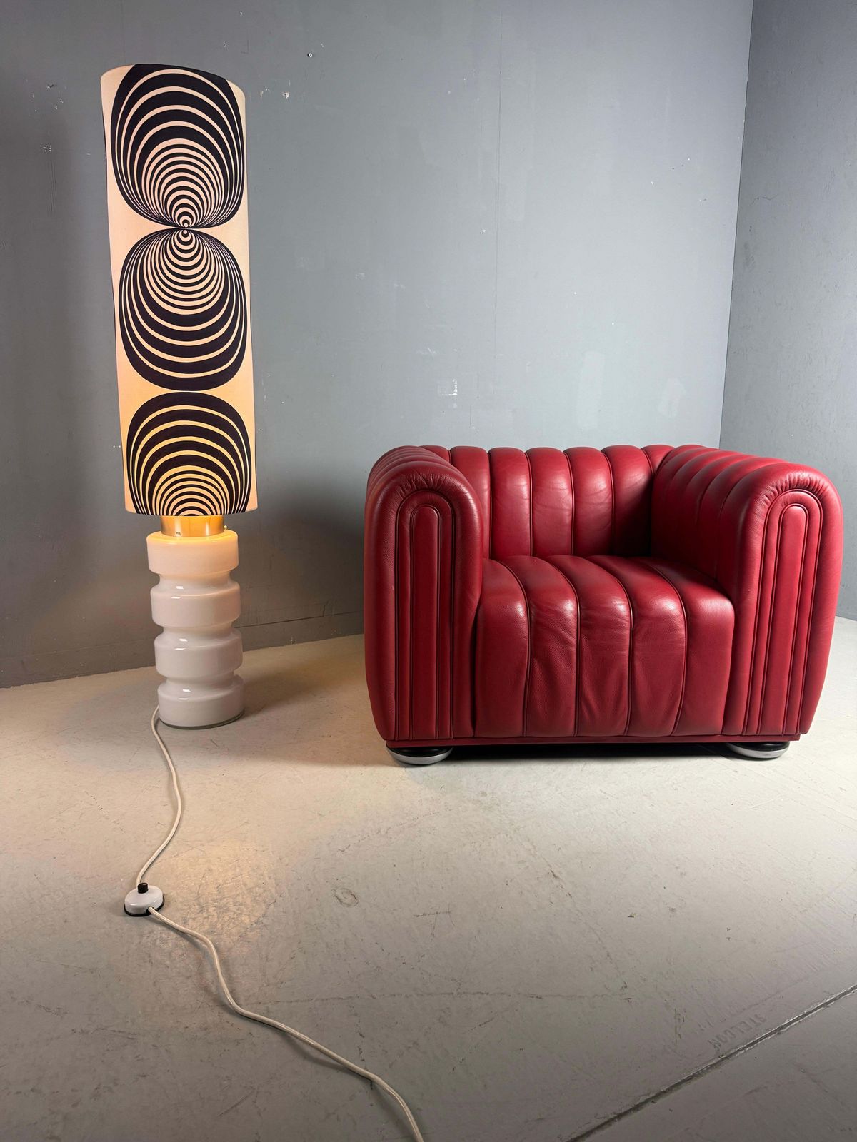 White Glass 59 Inch Floor Lamp  3 Way Switch  Seventies Lampshade  Germany photo for sale