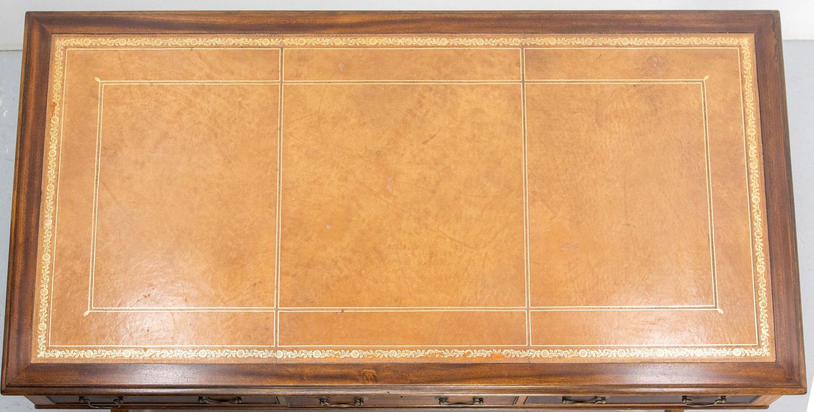 English Patinated Large Desk, Double Side, Wood, Leather & Iron Circa 1900 photo vinterior