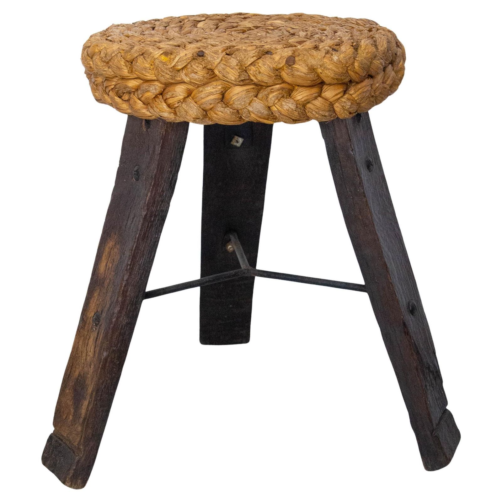 Three Legs Stool Round Oak, Iron & Straw By Audoux Minnet, France Circa 1950