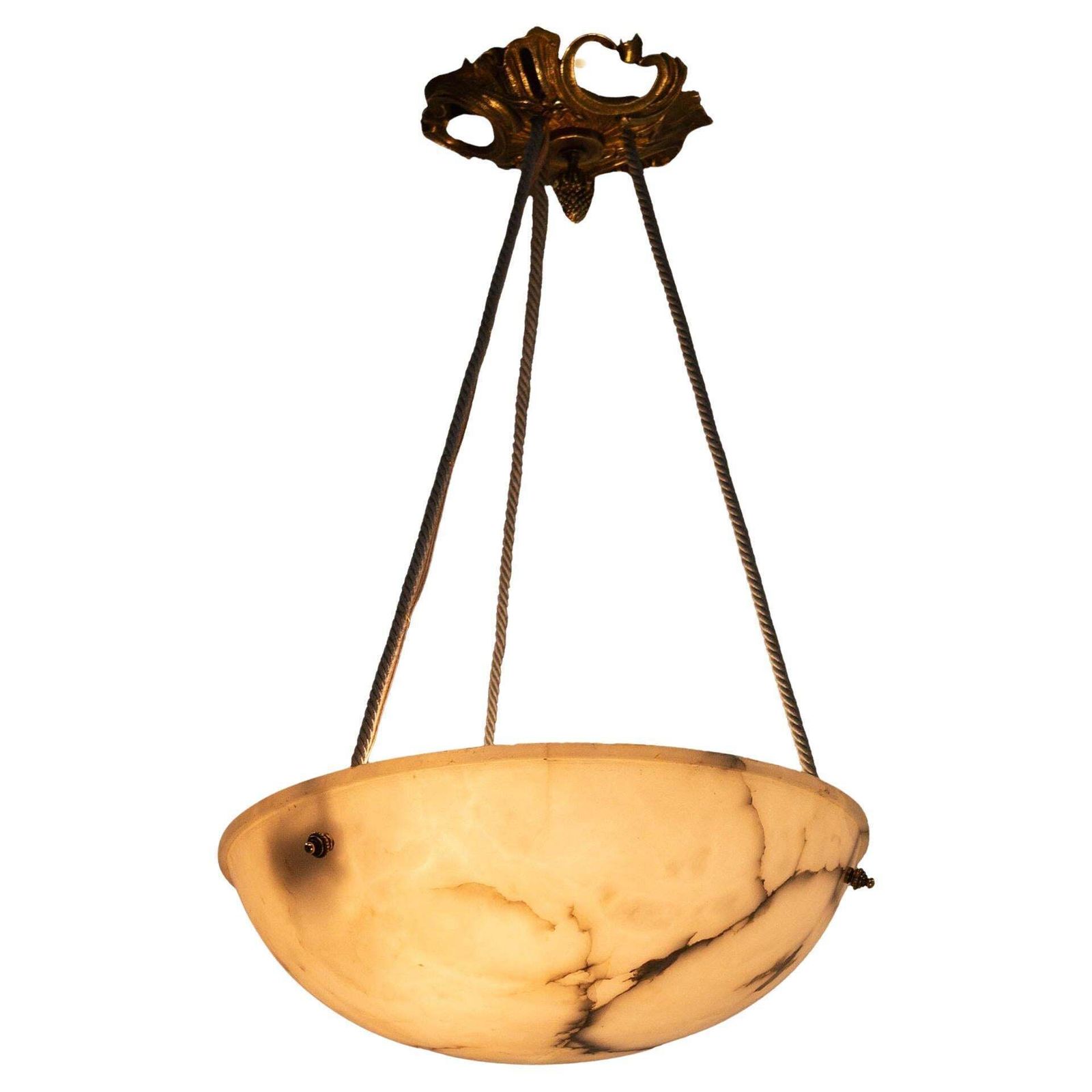 French Art Deco Lustre Alabaster Ceiling Pendant Chandelier, Circa 1930