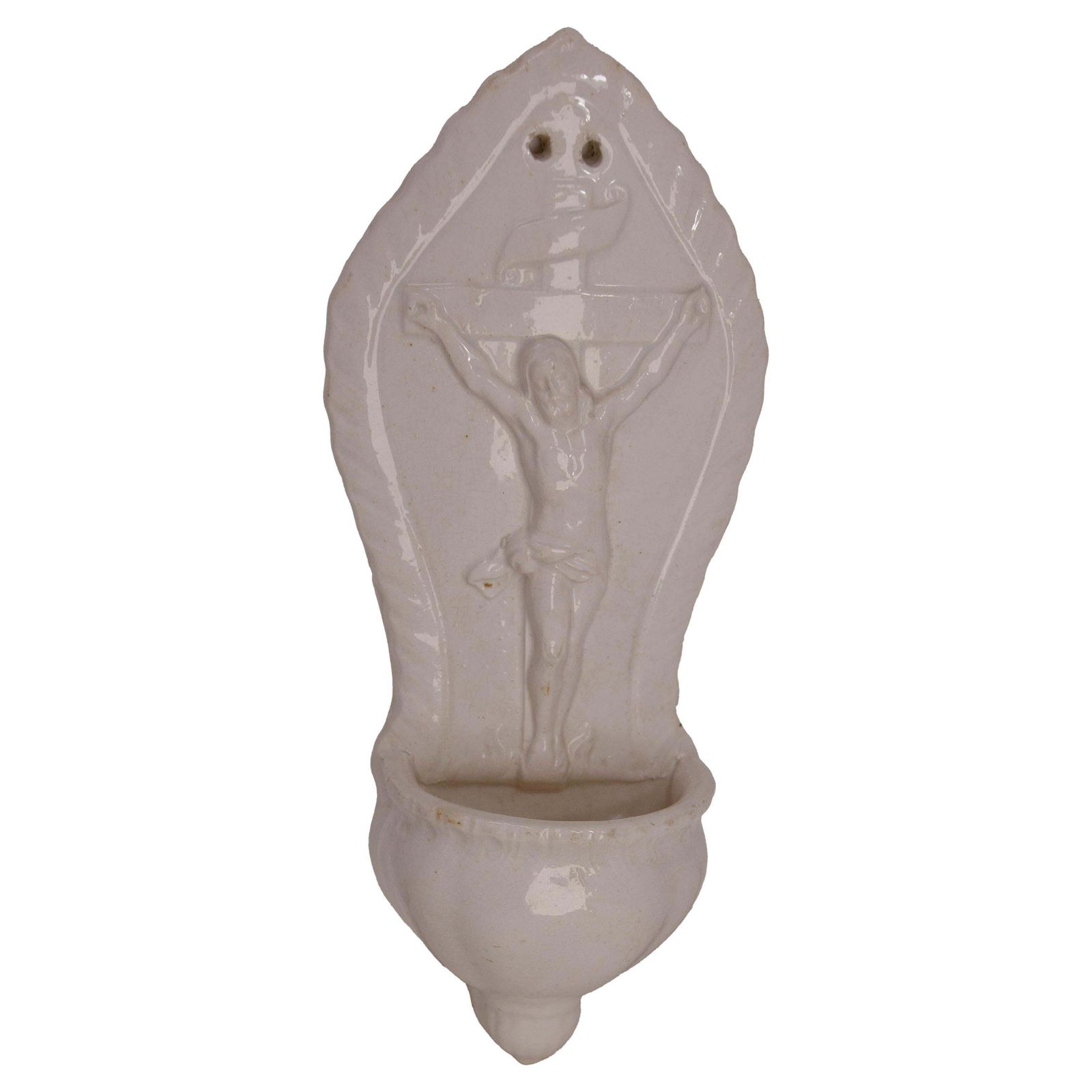 French Vintage Faience Crucifix Holy Water Font Faience Circa 1960