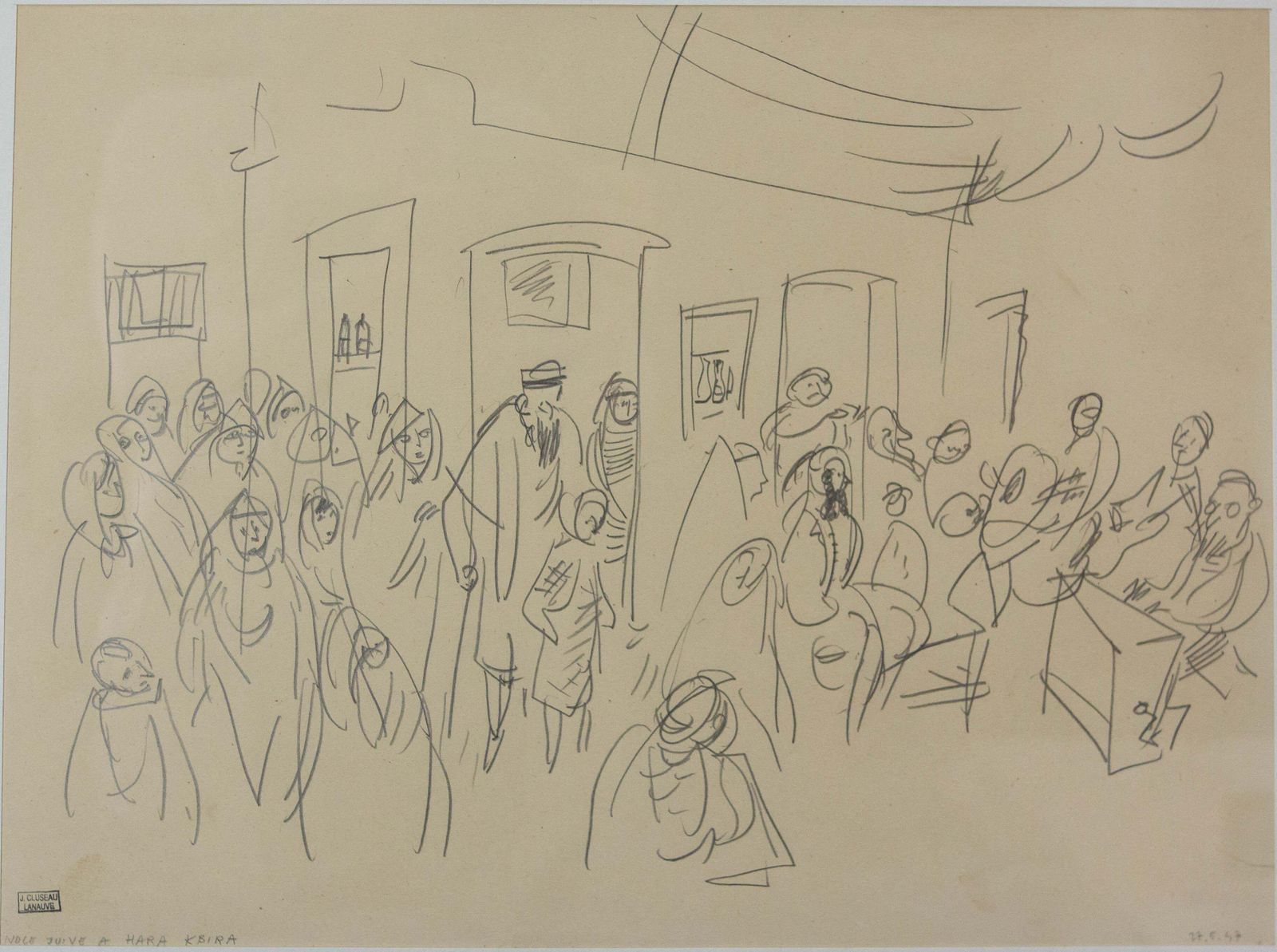 French Jean Lanauve Cluzeau Pencil Drawing Jewish Wedding In Hara Kbira, 1947 photo vinterior