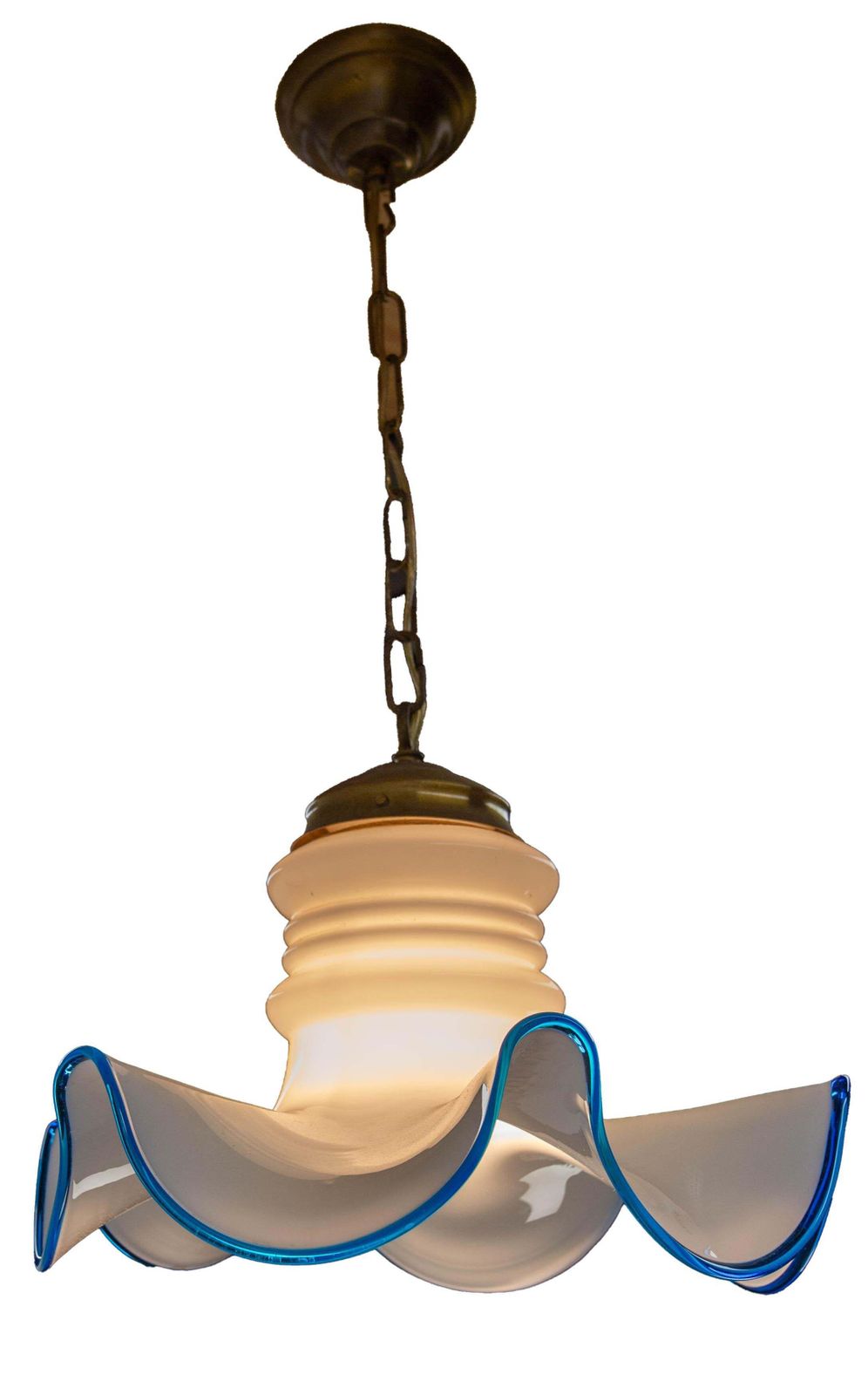 French Vintage White Opaline Blue Glass And Brass Ceiling Light, Circa 1960 photo for sale