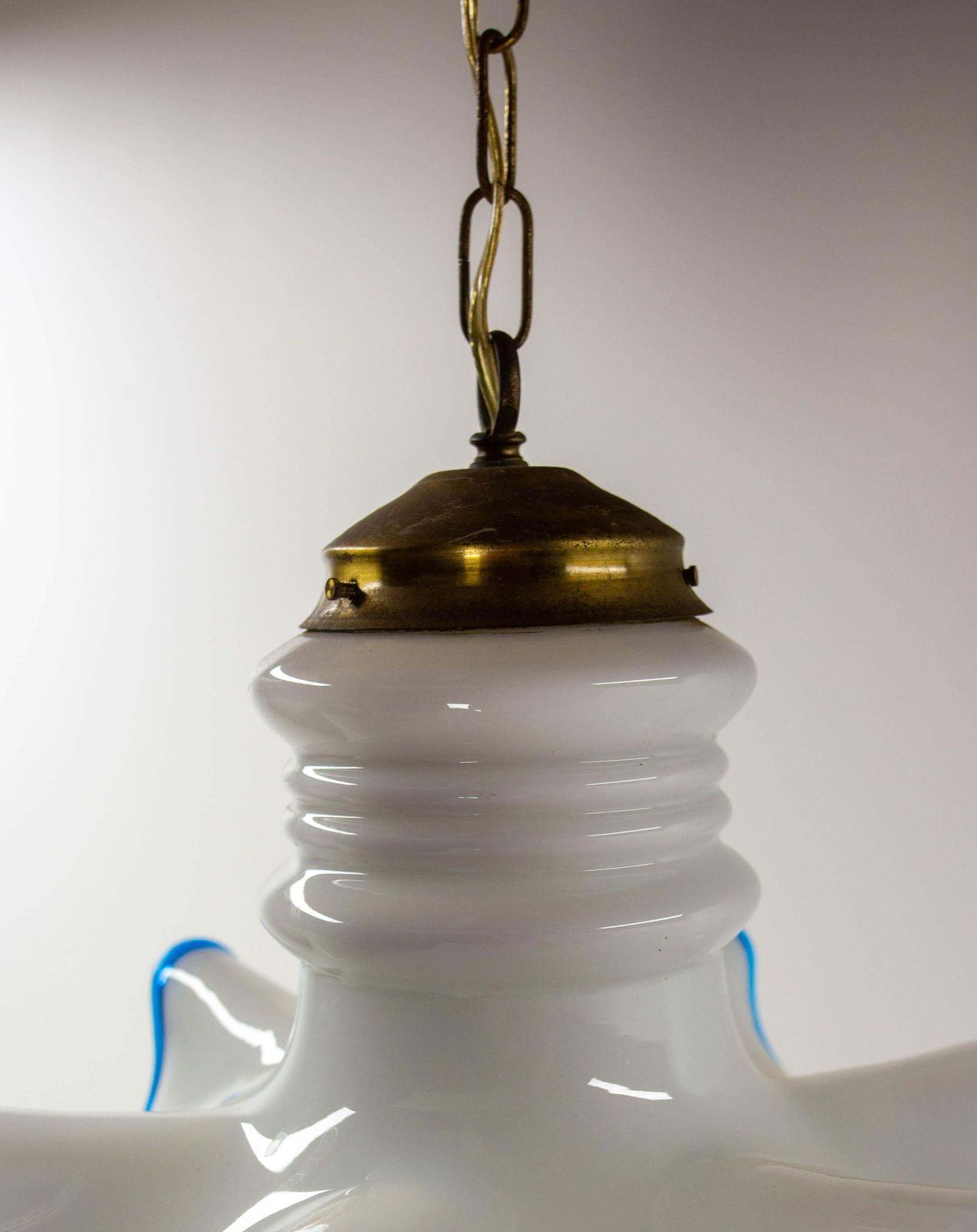 French Vintage White Opaline Blue Glass And Brass Ceiling Light, Circa 1960 photo buy