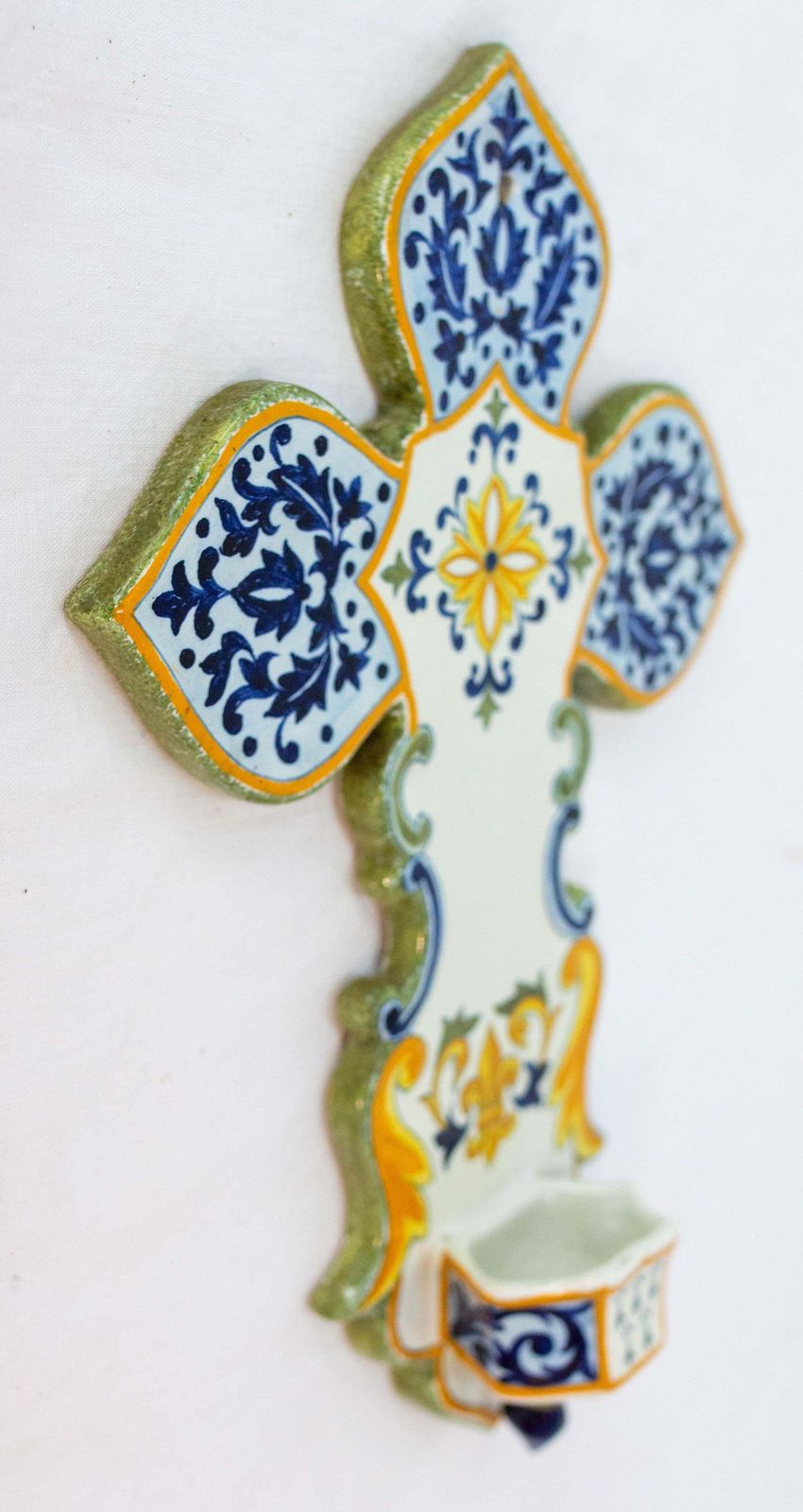 French Faience Wall Cross With Holy Water Font Henriot Quimper, 20th Mid Century photo Art