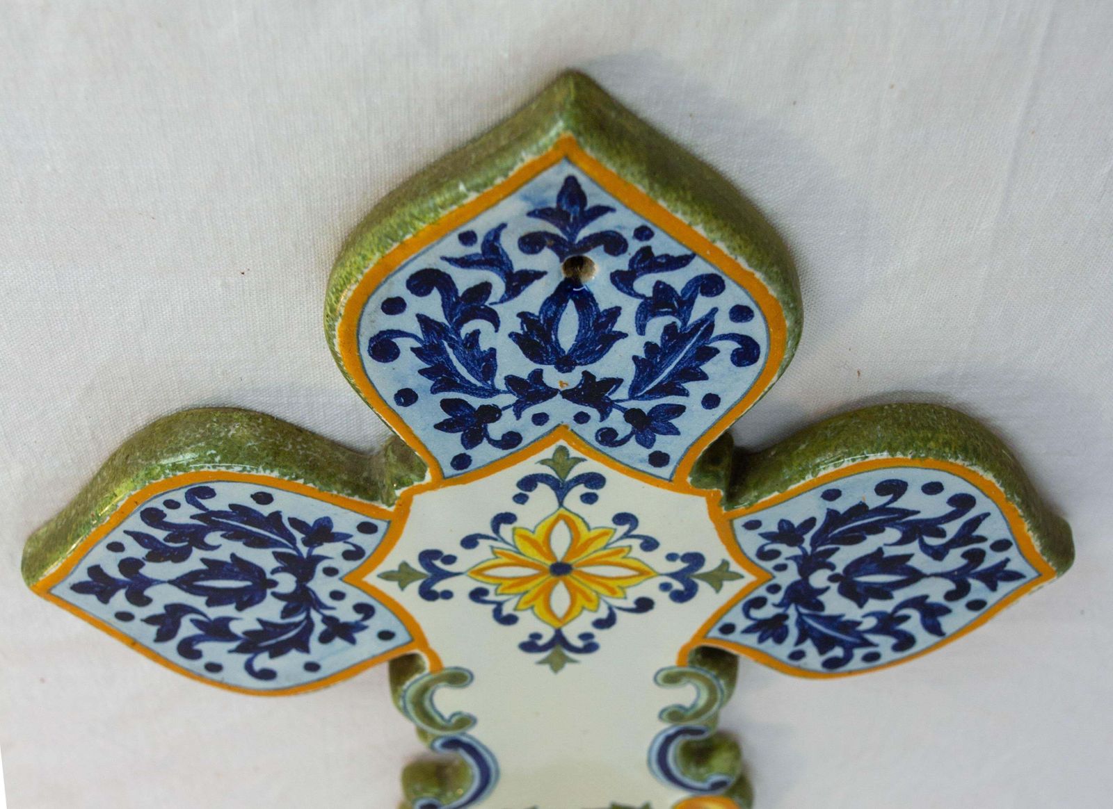 French Faience Wall Cross With Holy Water Font Henriot Quimper, 20th Mid Century photo 310.0