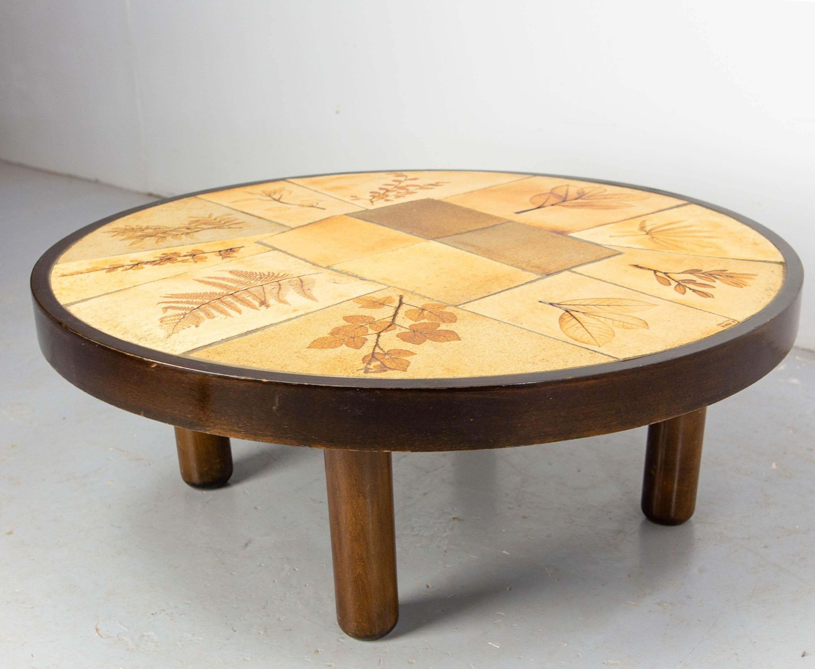 French Round Coffee Table Herbarium Vallauris Ceramics Signed Raymonde Leduc photo for sale