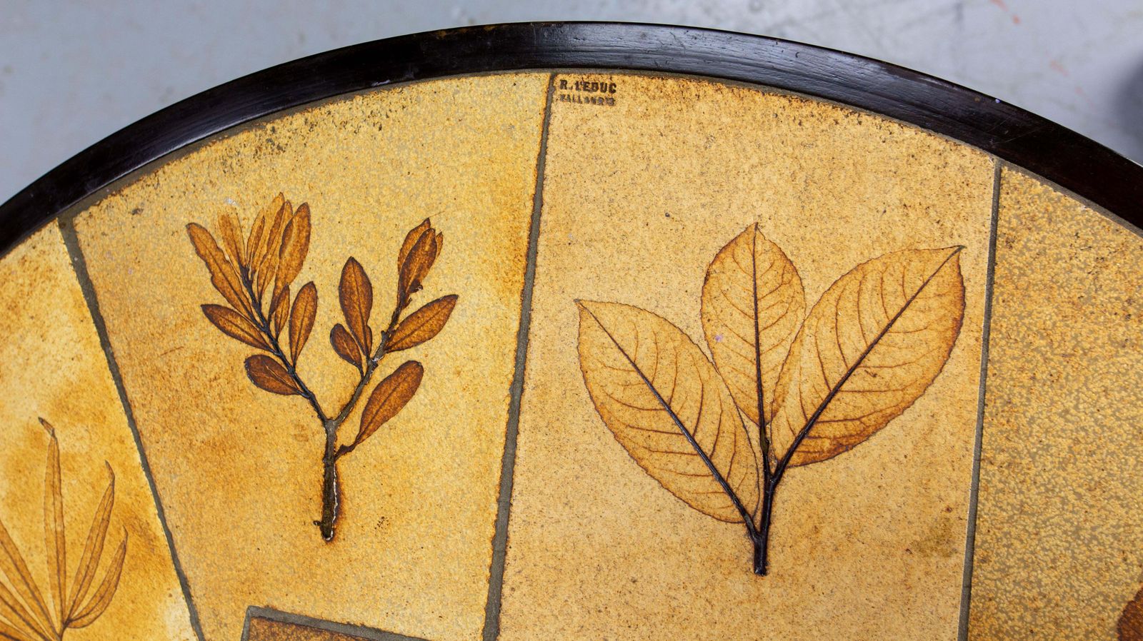 Furniture French Round Coffee Table Herbarium Vallauris Ceramics Signed Raymonde Leduc photo
