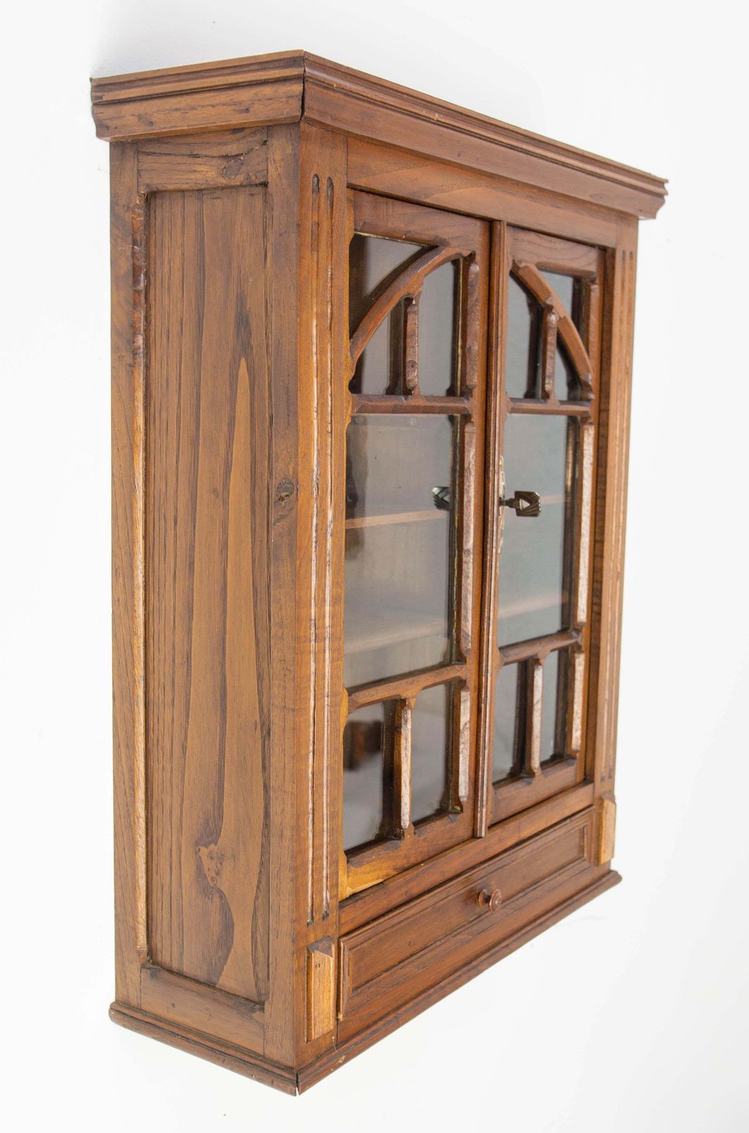 French Little Armoire Two Doors Oak & Glass Wall Cabinet, Circa 1920 photo for sale
