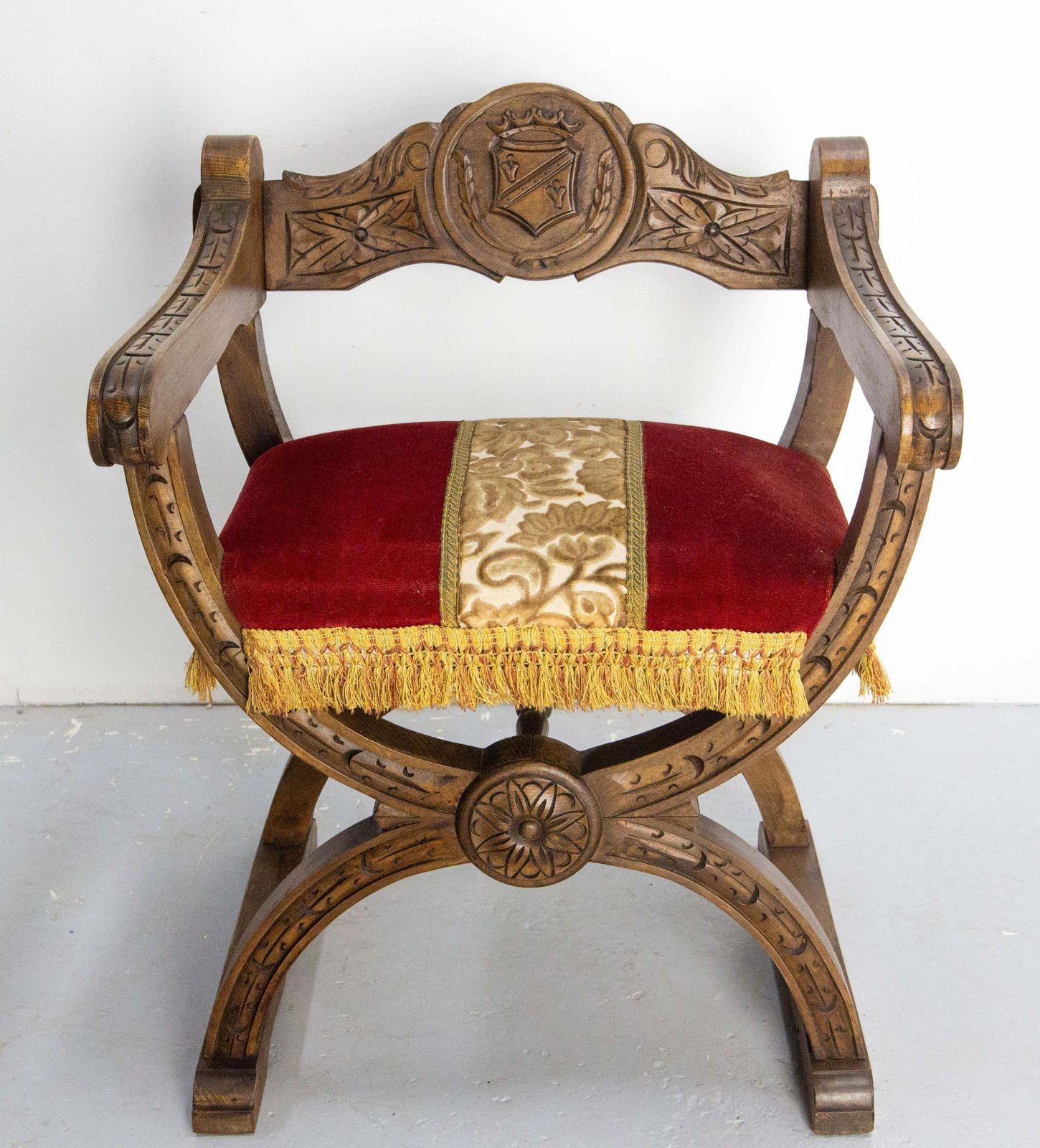 French Carved Beech & Upholstery Curule Or Dagobert Armchair, Circa 1960 photo furniture