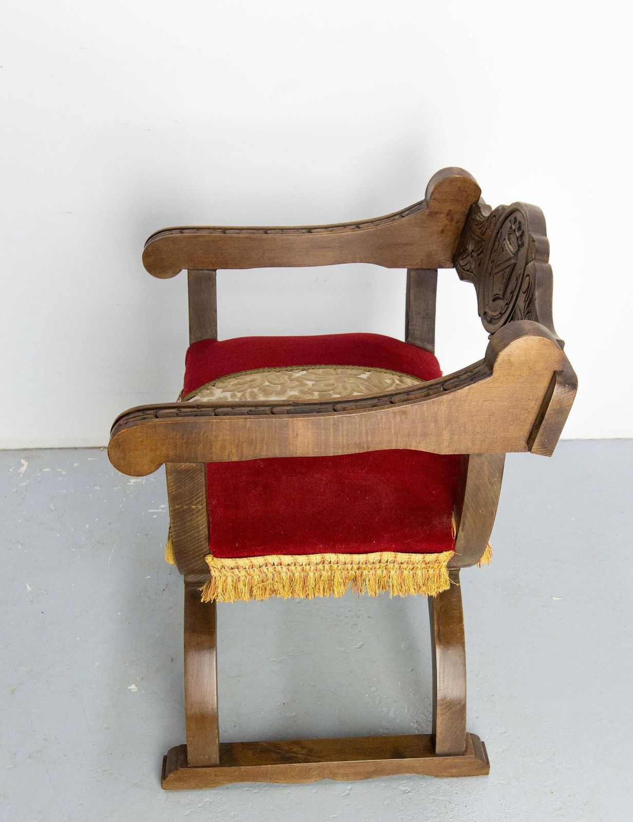 French Carved Beech & Upholstery Curule Or Dagobert Armchair, Circa 1960 photo 664.0