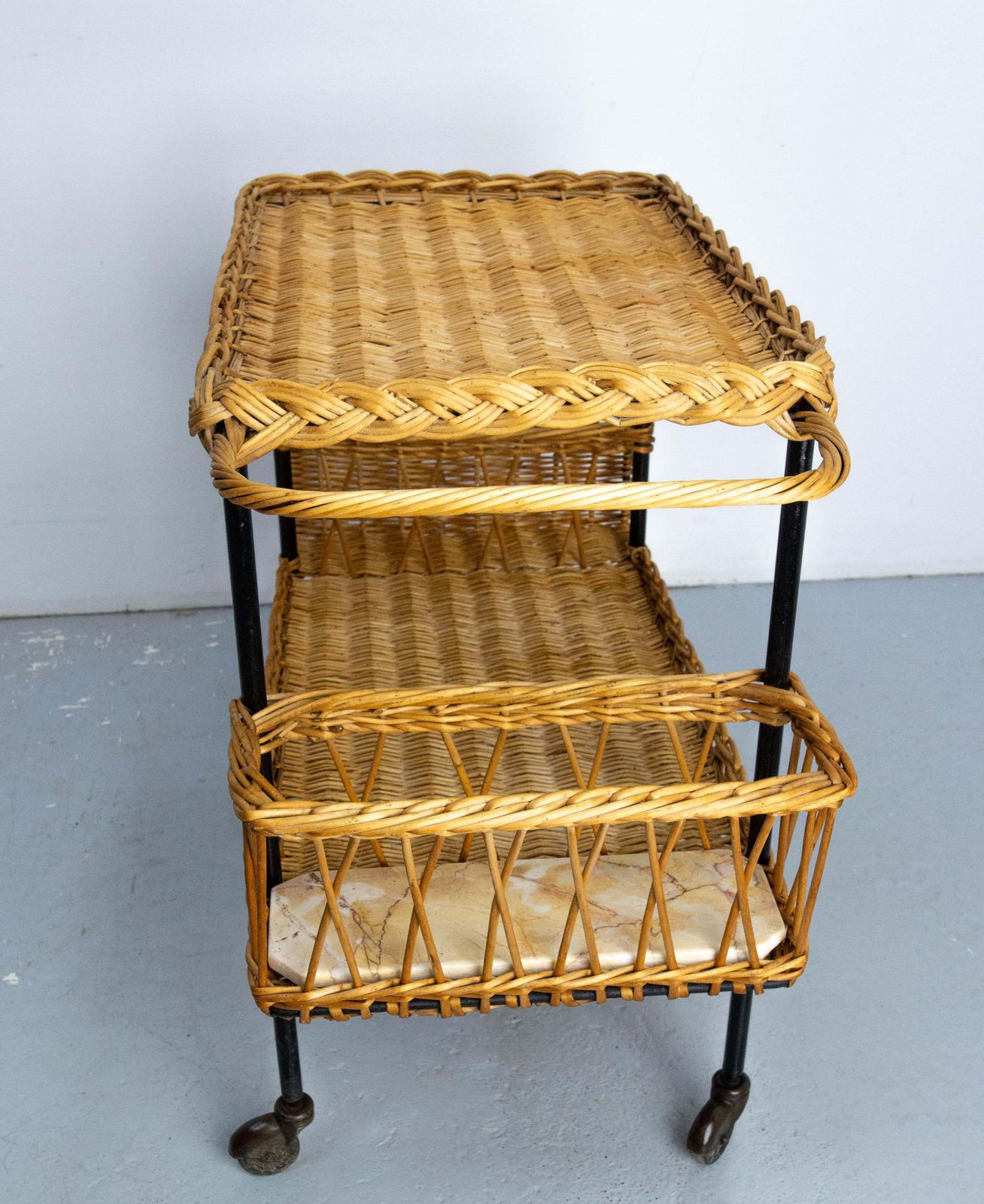 Midcentury Rattan And Black Metal Raoul Guys Trolley Bar Cart, Circa 1950 photo 1281.0