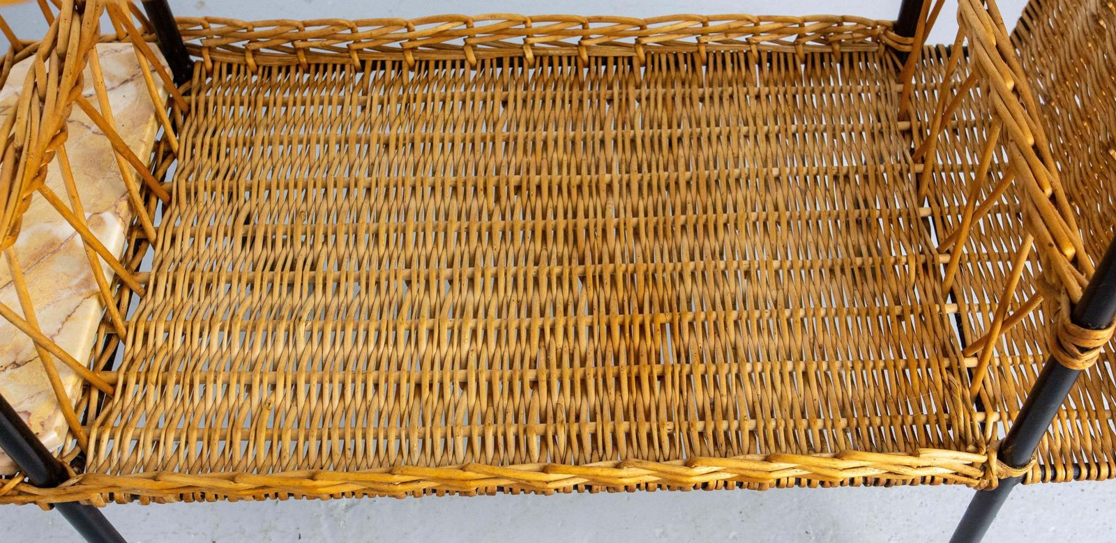 photo furniture Midcentury Rattan And Black Metal Raoul Guys Trolley Bar Cart, Circa 1950