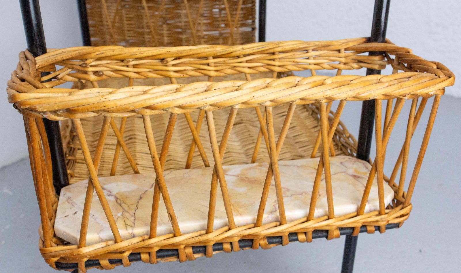 1281.0 Midcentury Rattan And Black Metal Raoul Guys Trolley Bar Cart, Circa 1950 photo