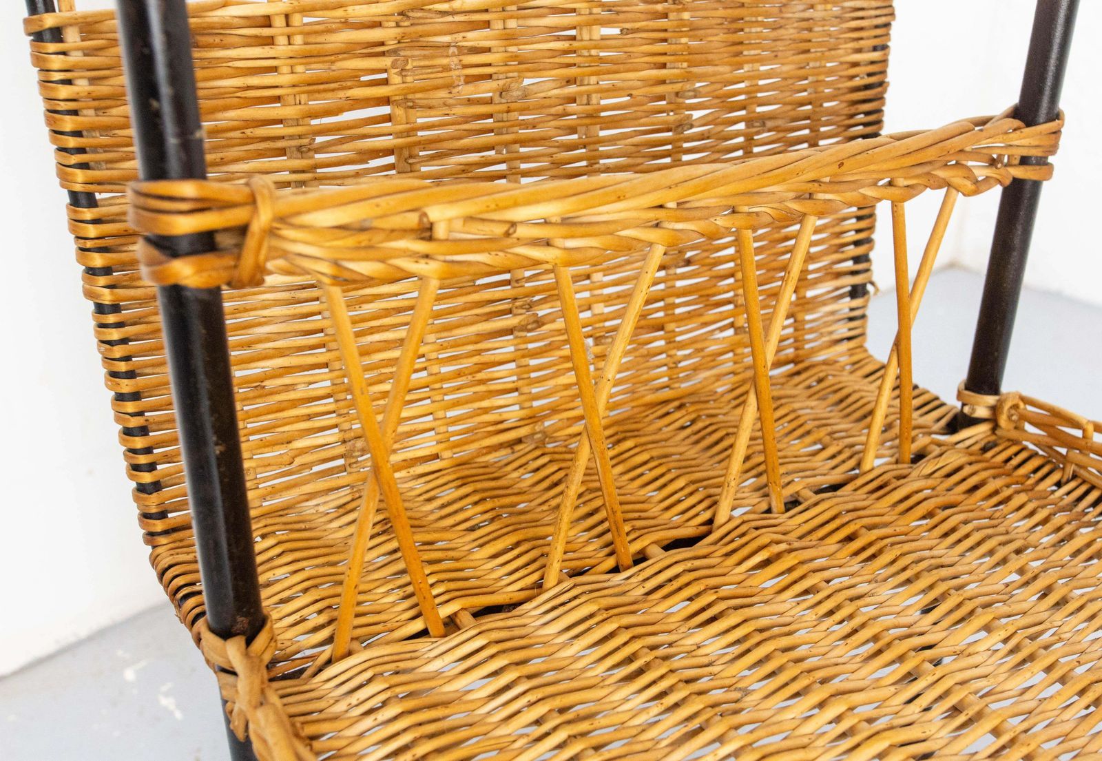 photo vinterior Midcentury Rattan And Black Metal Raoul Guys Trolley Bar Cart, Circa 1950
