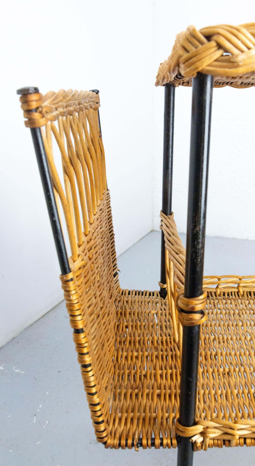 photo buy Midcentury Rattan And Black Metal Raoul Guys Trolley Bar Cart, Circa 1950