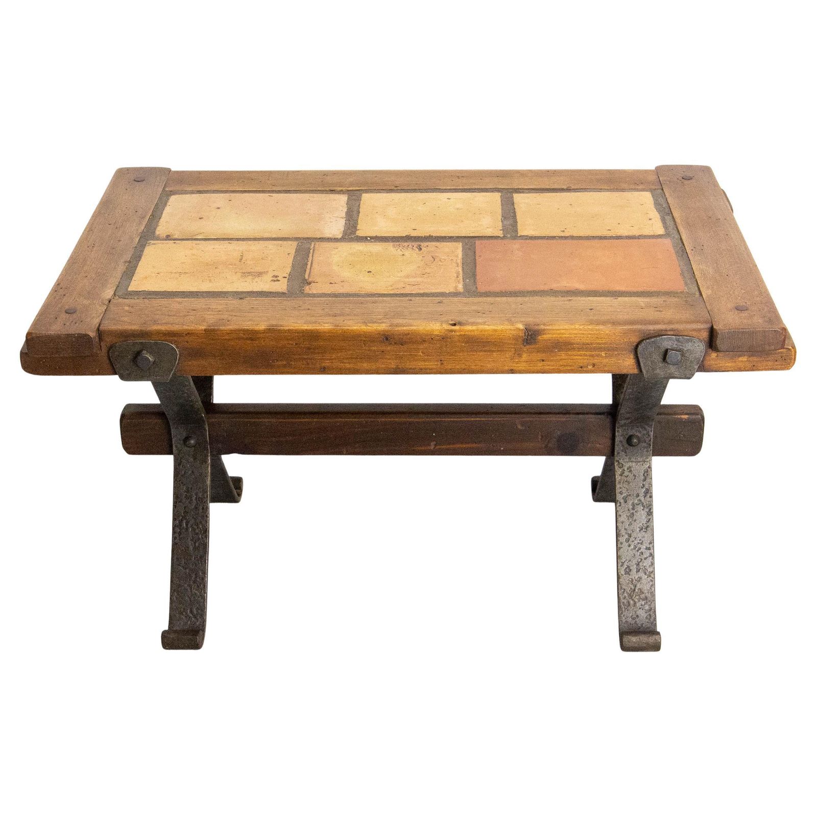 French Terracotta Tiles & Chestnut Top & Wrought Iron Coffee Table, Circa 1960