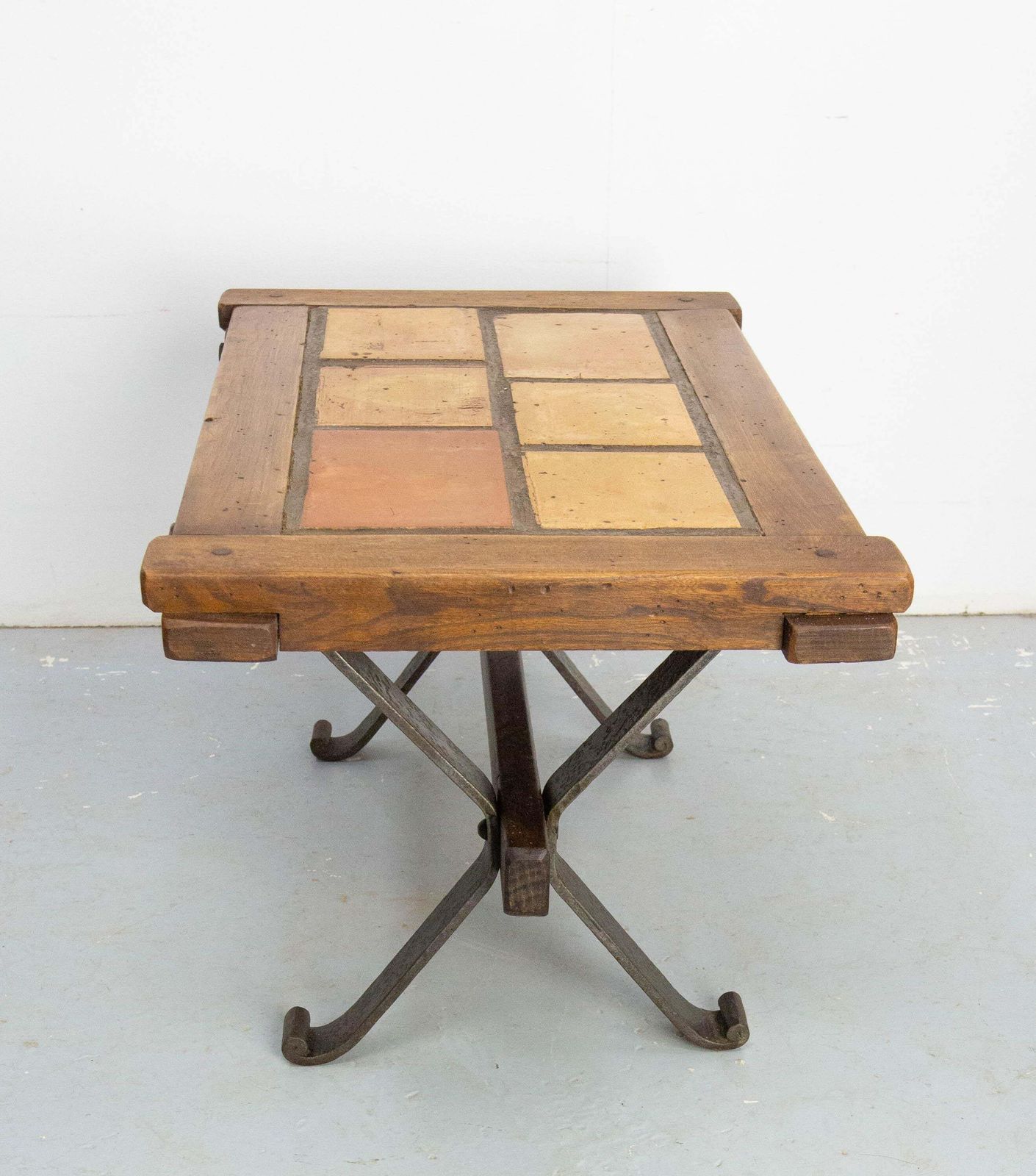French Terracotta Tiles & Chestnut Top & Wrought Iron Coffee Table, Circa 1960 photo 718.0