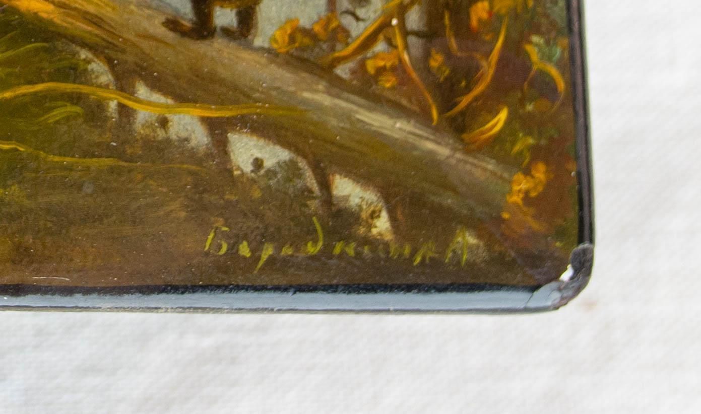 Russian Fedoskino Lacquered Box "Morning In A Pine Forest", Family Bear 1965 photo for sale