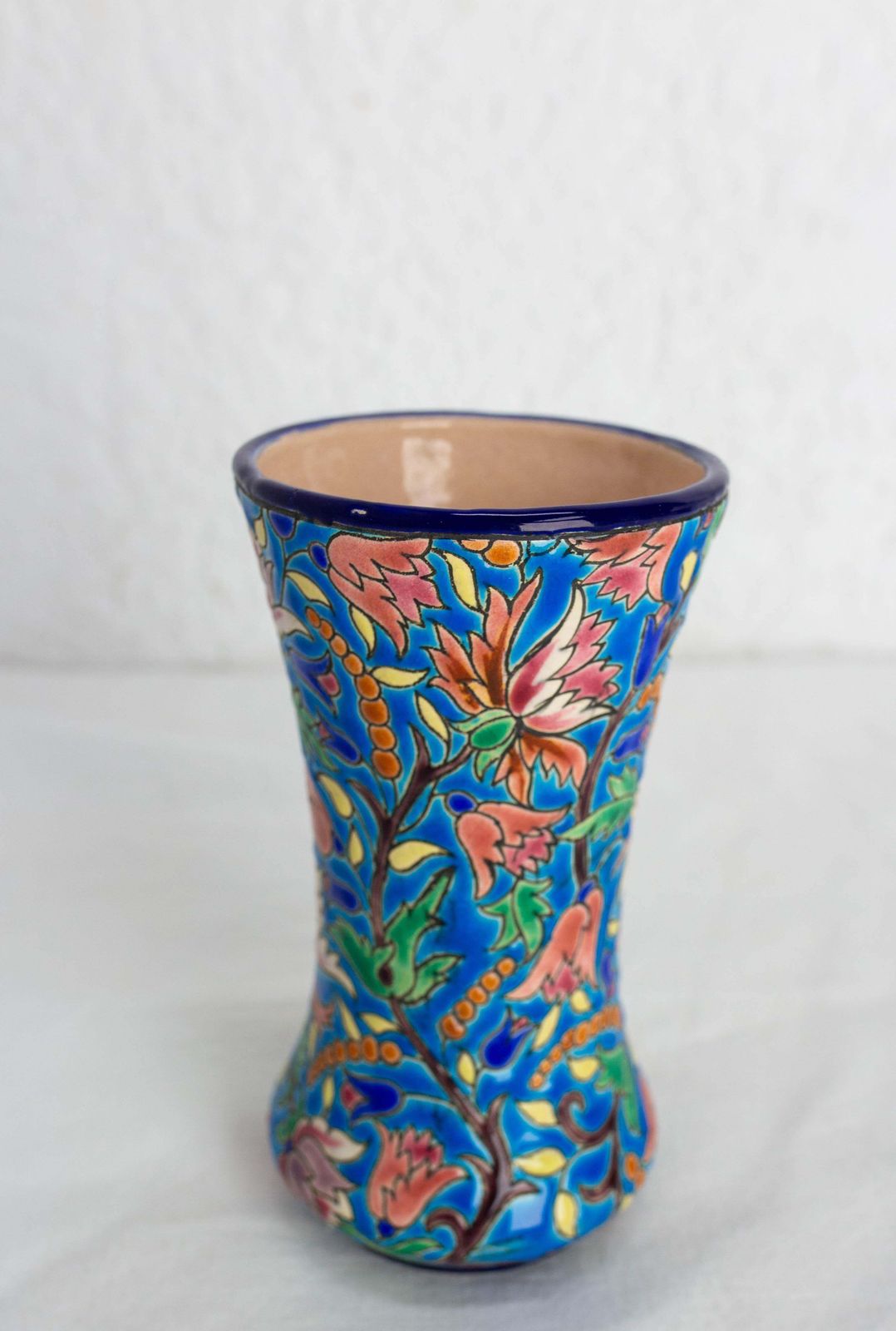 French Enameled Vase Longwy Manufacture Blue With Vegetal Motifs Circa 1960 photo for sale
