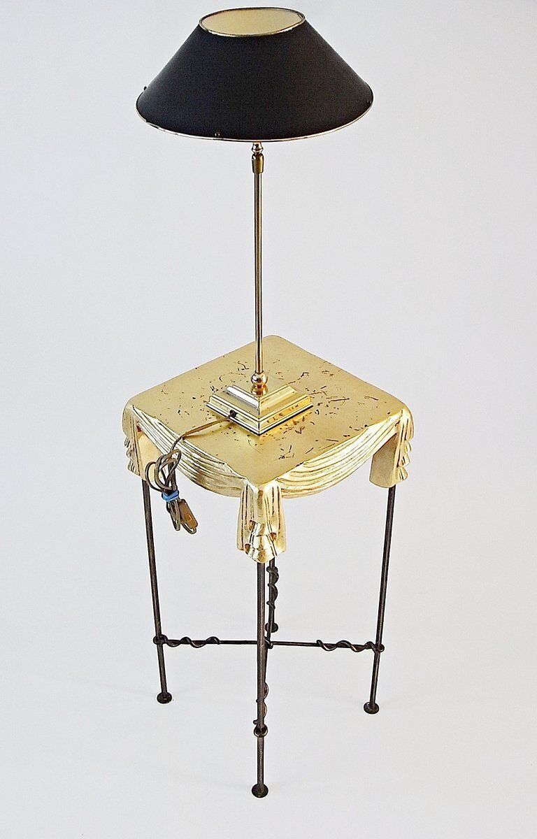 Side Table And Table Lamp In Wrought Iron And Brass, 1990s, Set Of 2 photo Furniture