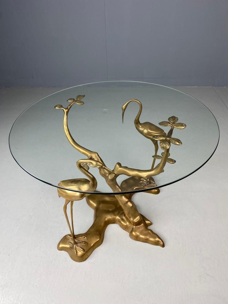 Willy Daro Coffee Table Crane Bird Brass Bonsai Tree 1970 Belgium photo furniture