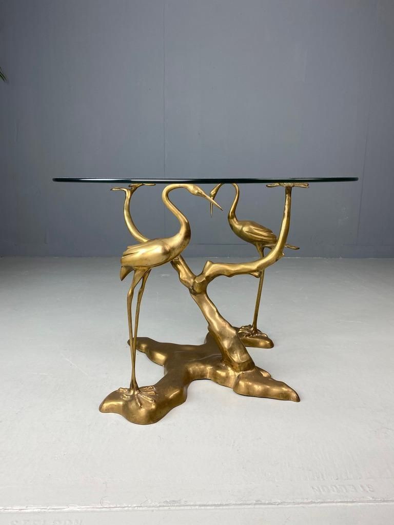 Willy Daro Coffee Table Crane Bird Brass Bonsai Tree 1970 Belgium photo for sale