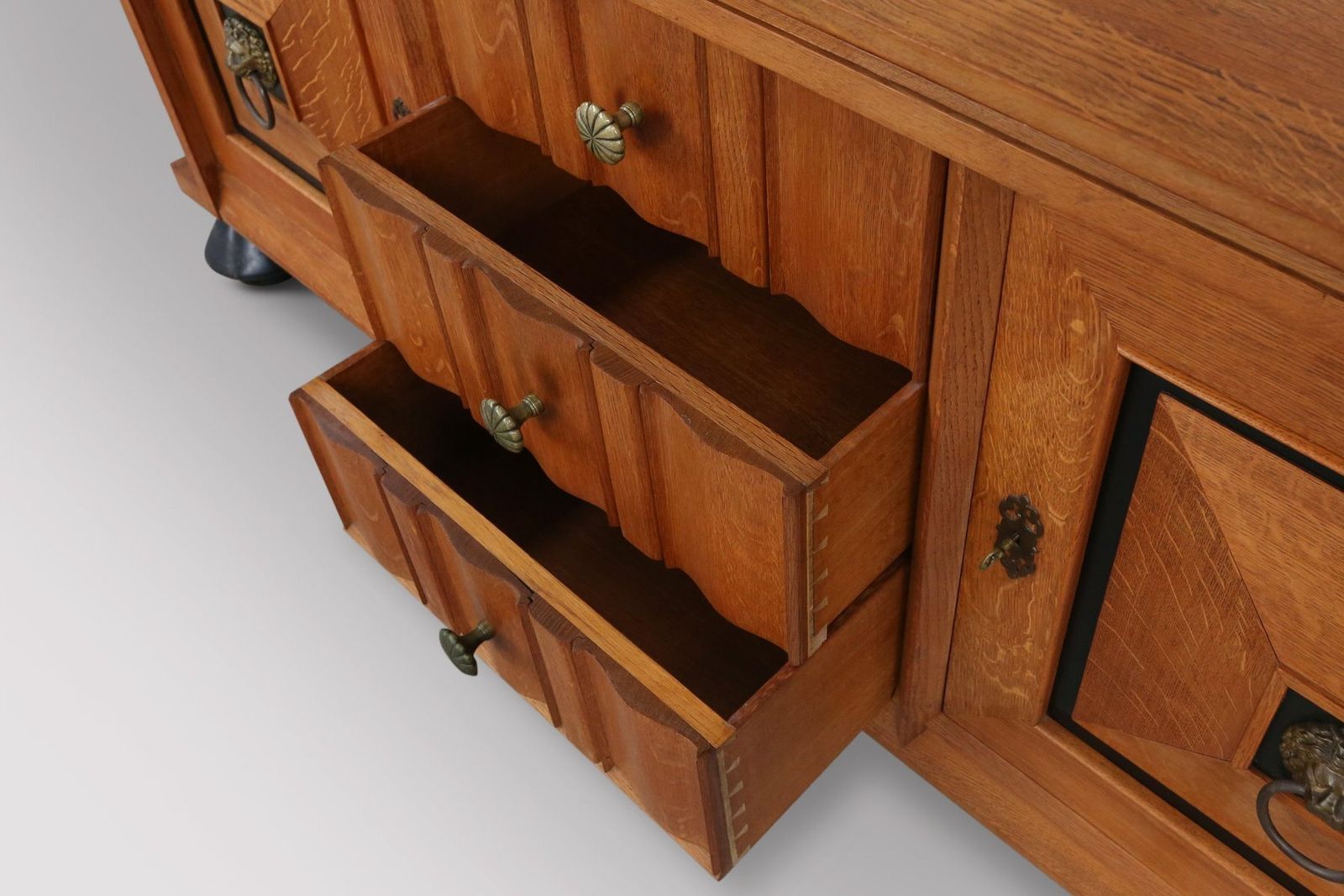 Art Deco Brutalist Belgian Sideboard In Oak And Brass Details, 1940s photo 7808.0