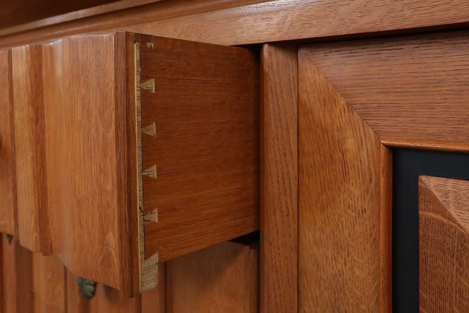 Furniture Art Deco Brutalist Belgian Sideboard In Oak And Brass Details, 1940s photo