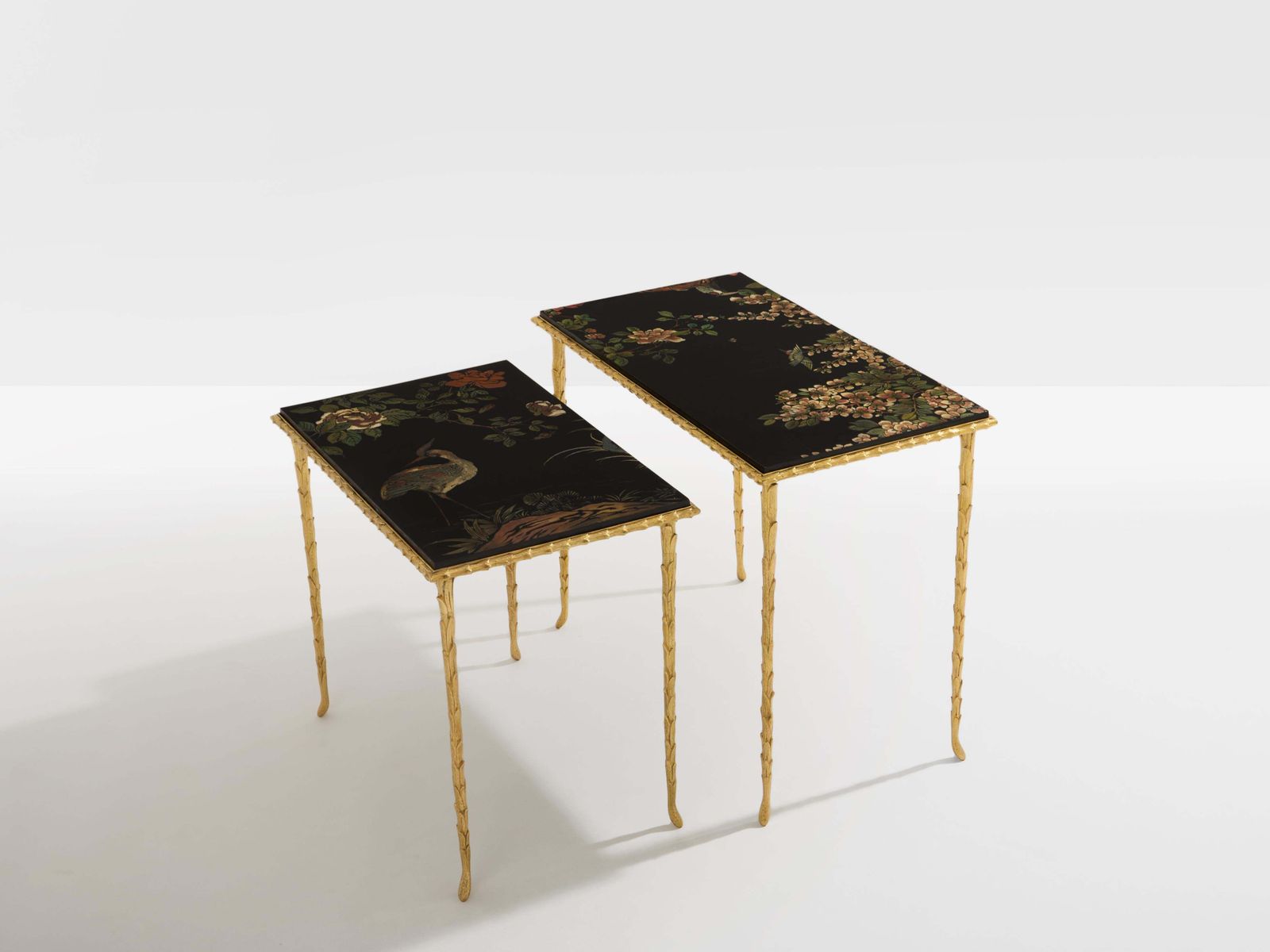 Maison Baguès Foliage Gilt Bronze Chinoiserie Lacquered Side Tables 1950s photo furniture