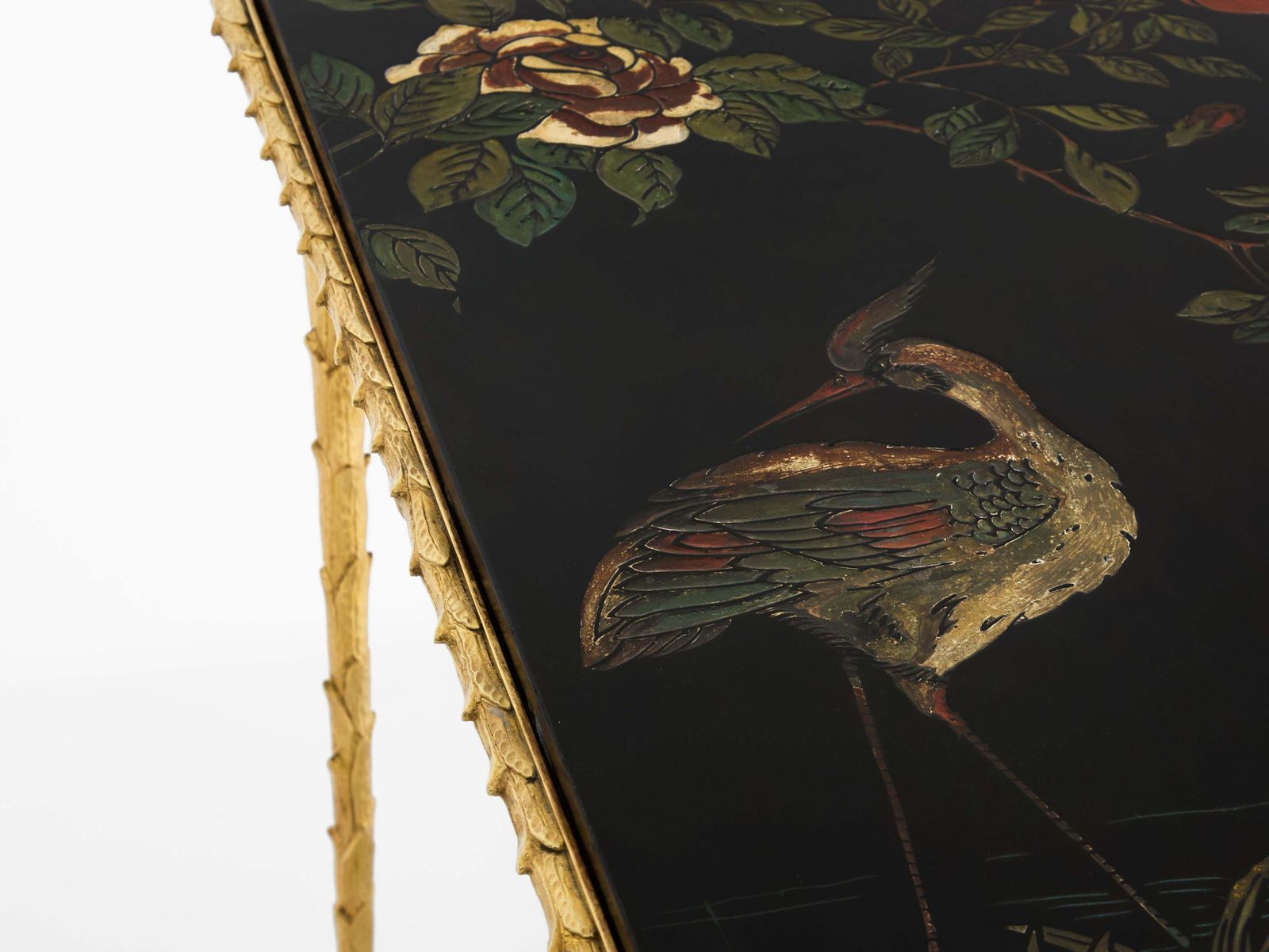Maison Baguès Foliage Gilt Bronze Chinoiserie Lacquered Side Tables 1950s photo vintage