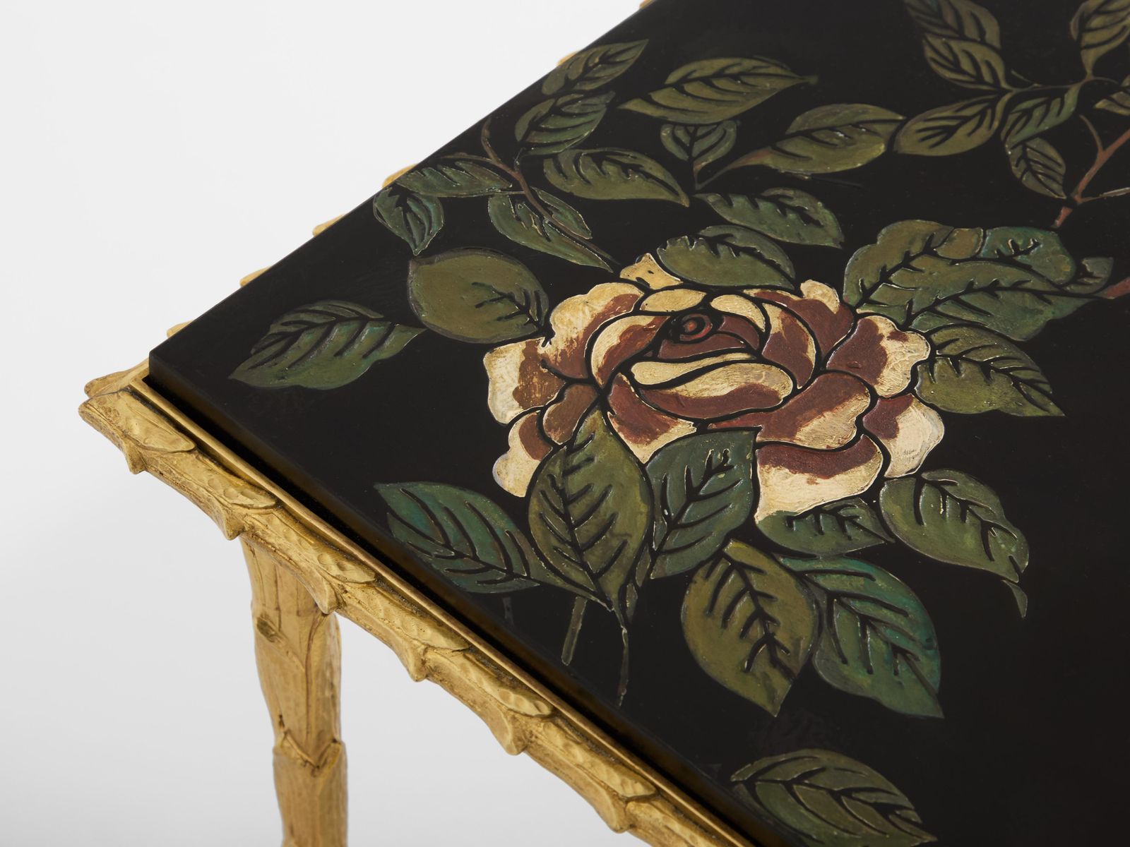 photo furniture Maison Baguès Foliage Gilt Bronze Chinoiserie Lacquered Side Tables 1950s