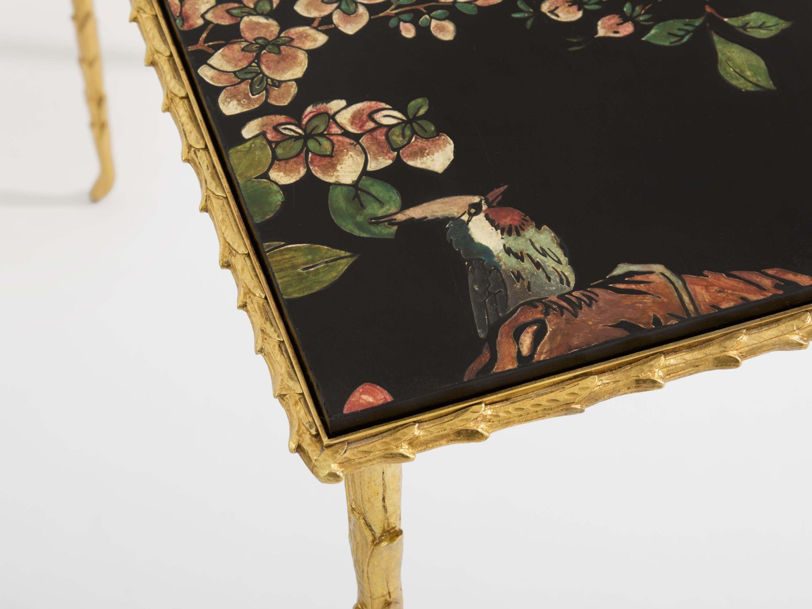 photo for sale Maison Baguès Foliage Gilt Bronze Chinoiserie Lacquered Side Tables 1950s