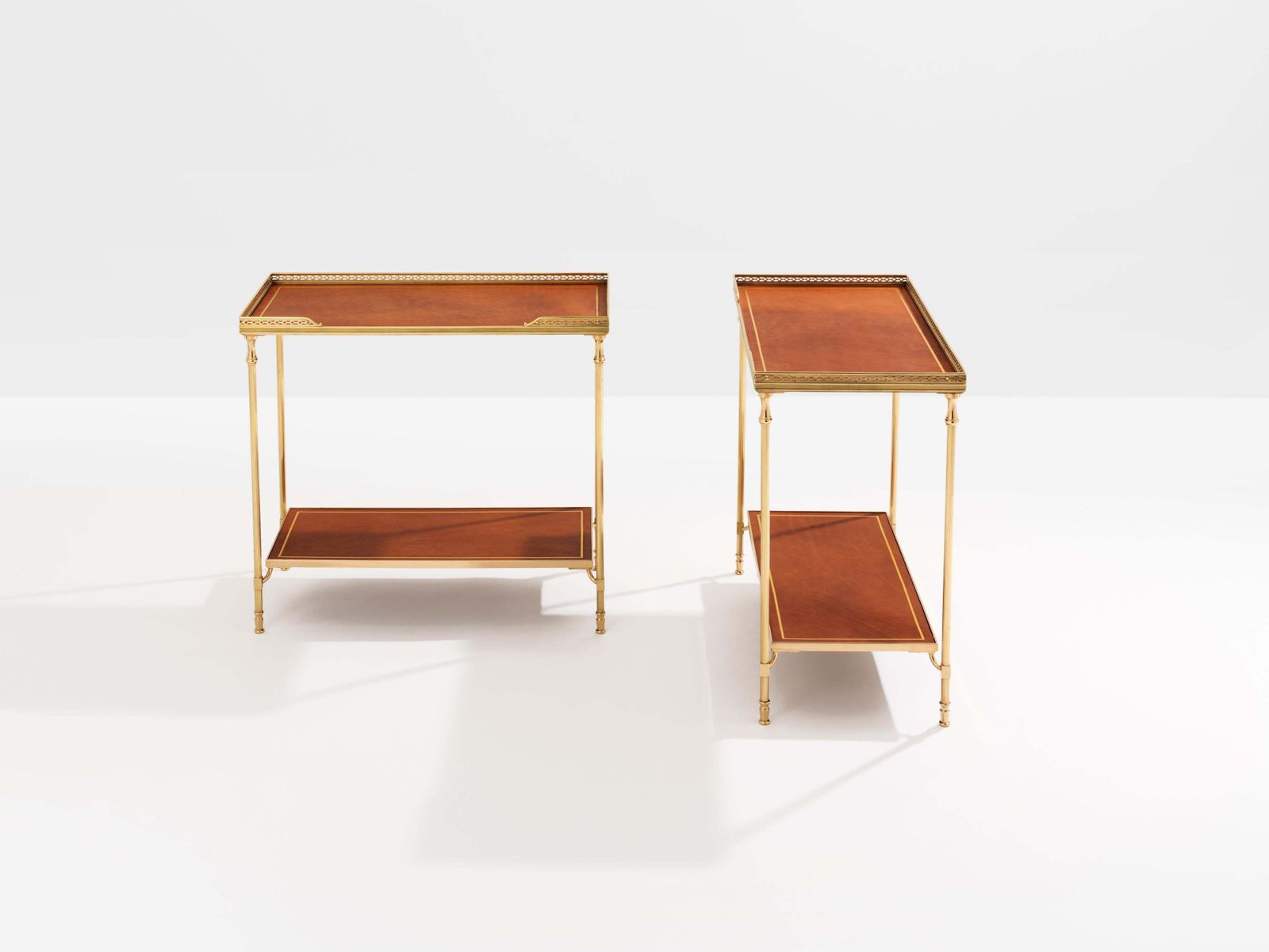 Maison Jansen Pair Of Two Tier Side Tables Brass Brown Leather 1960s photo 10756.0