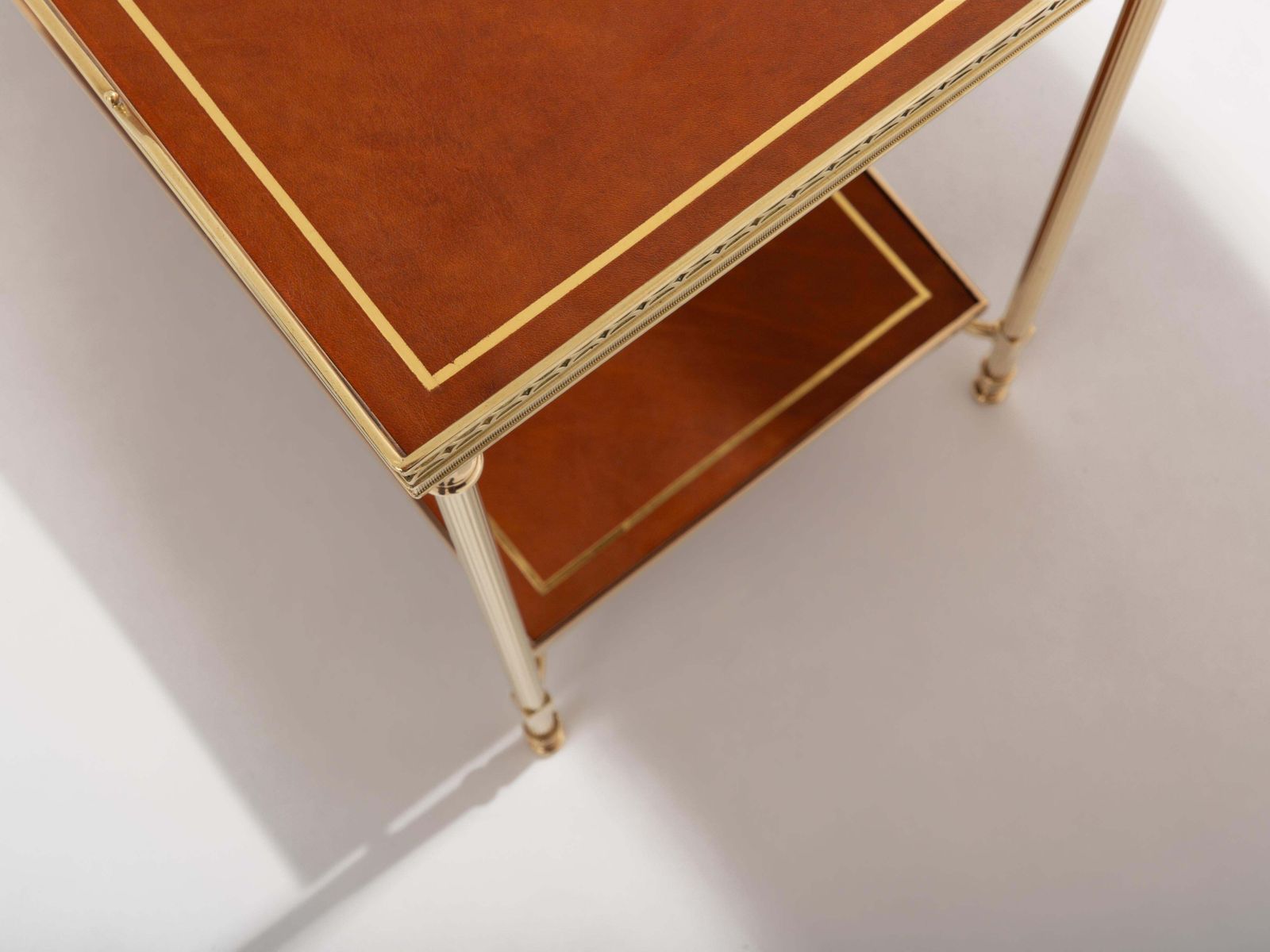 Maison Jansen Pair Of Two Tier Side Tables Brass Brown Leather 1960s photo vintage