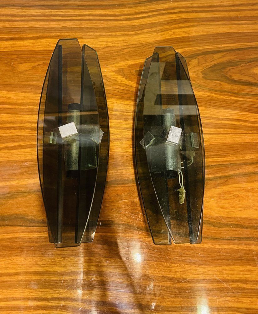 Smoked Glass Wall Lamps With Chrome Inserts From Fontana Arte, Set Of 2 photo buy
