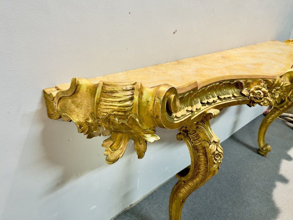 Baroque Gold Gilded Console With Giallo Reale Marble Top, 18th Century photo Furniture