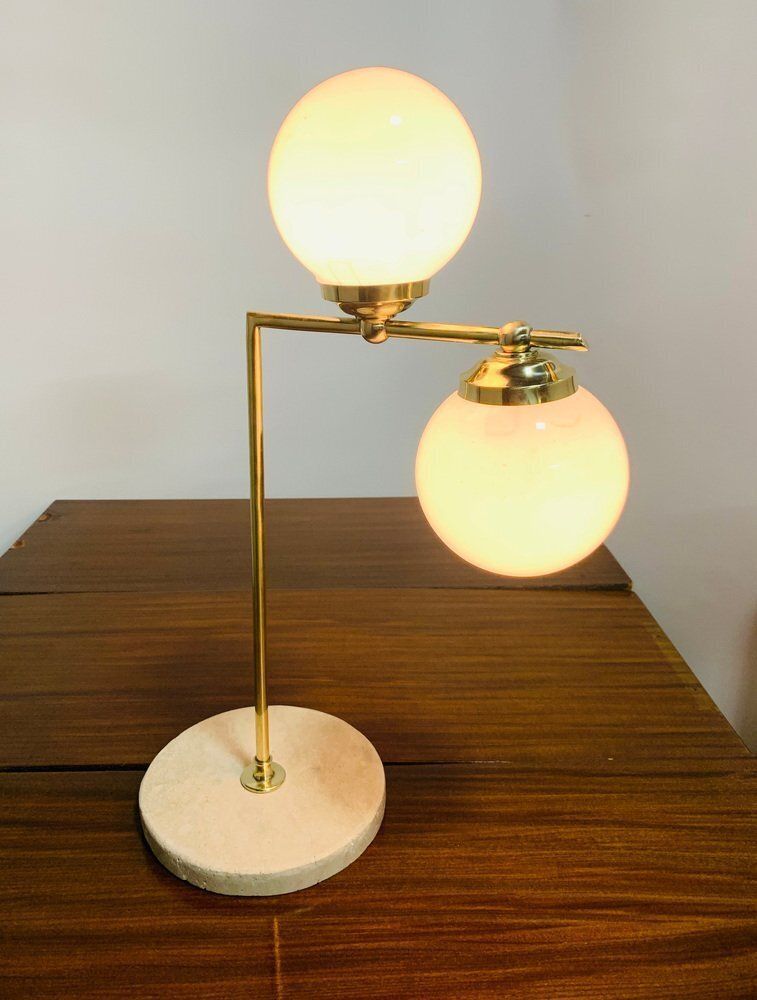 Art Deco Table Lamp In Brass And Marble With Opal Glass Spheres, Italy, 1940s photo for sale