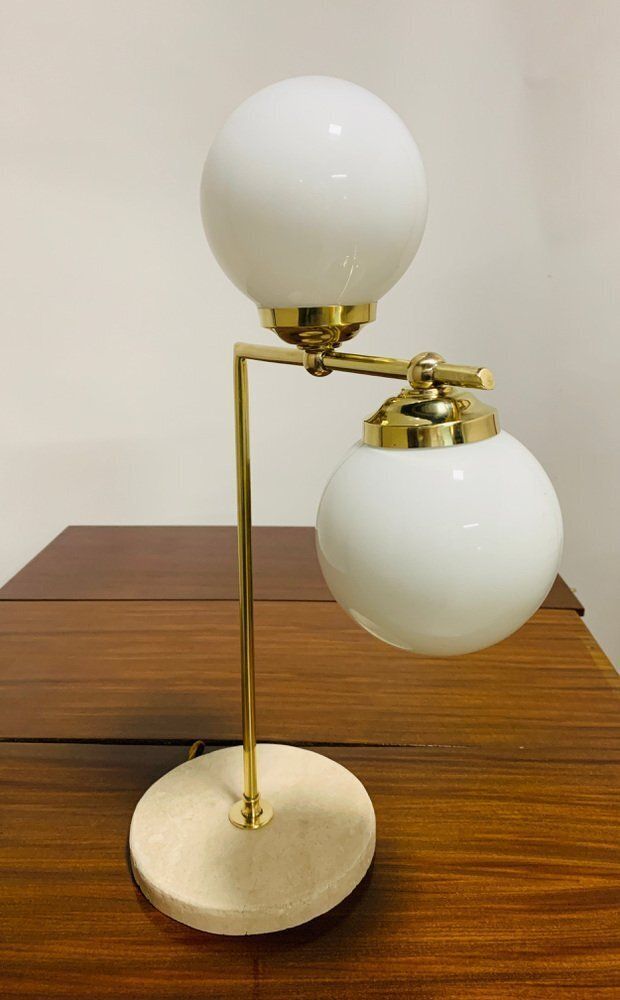 Art Deco Table Lamp In Brass And Marble With Opal Glass Spheres, Italy, 1940s photo 809.0