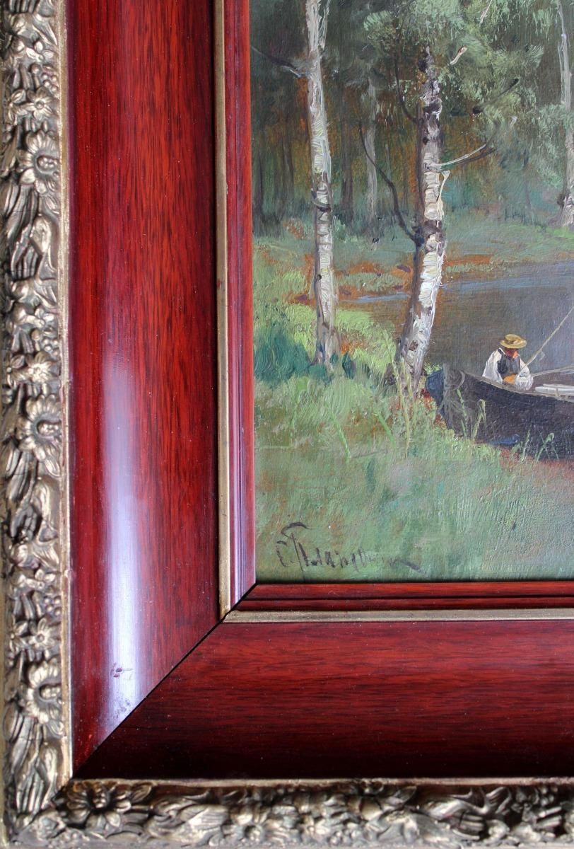 Semyon Sergeevich Platonovfisherman On The River  Oil On Cardboard, 40x20 Cm photo for sale
