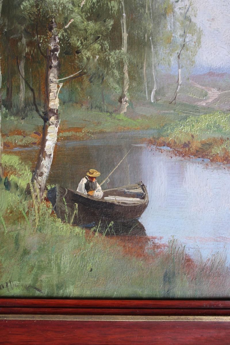 Semyon Sergeevich Platonovfisherman On The River  Oil On Cardboard, 40x20 Cm photo Art