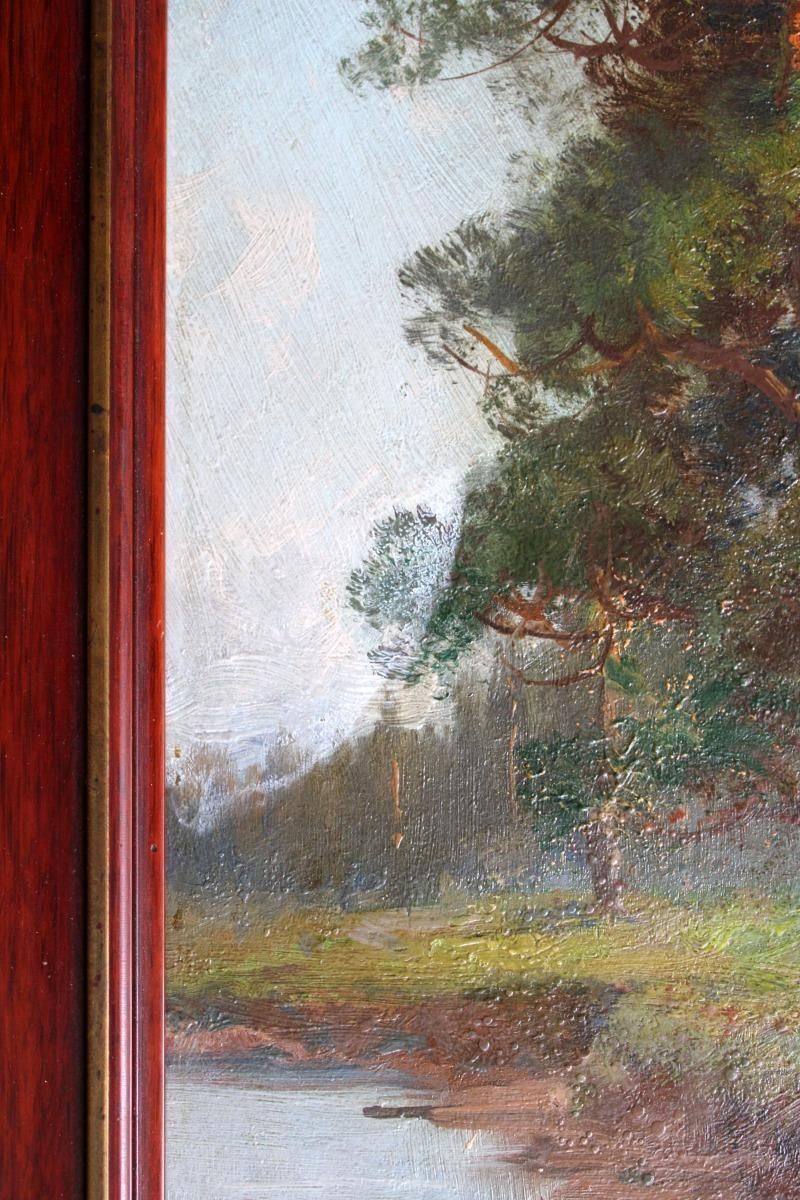 Semyon Sergeevich Platonovpine Trees On The River Bank  Cardboard, Oil, 39x20 Cm photo vinterior