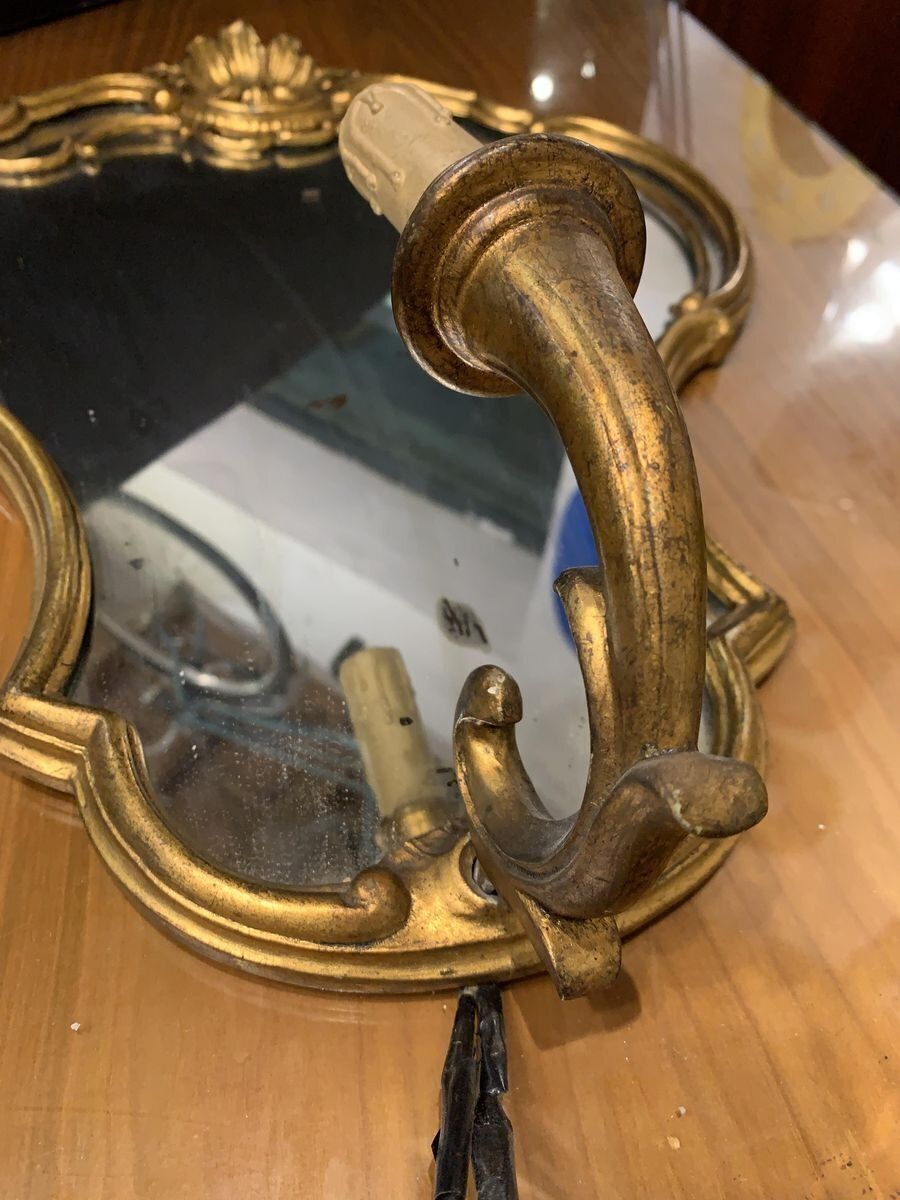 Italian Carved Wood Wall Lamp With Mercury Mirror And Gold Gilding, 1960s photo furniture