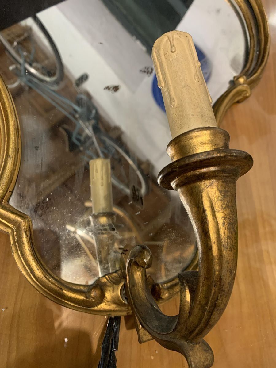 Italian Carved Wood Wall Lamp With Mercury Mirror And Gold Gilding, 1960s photo for sale