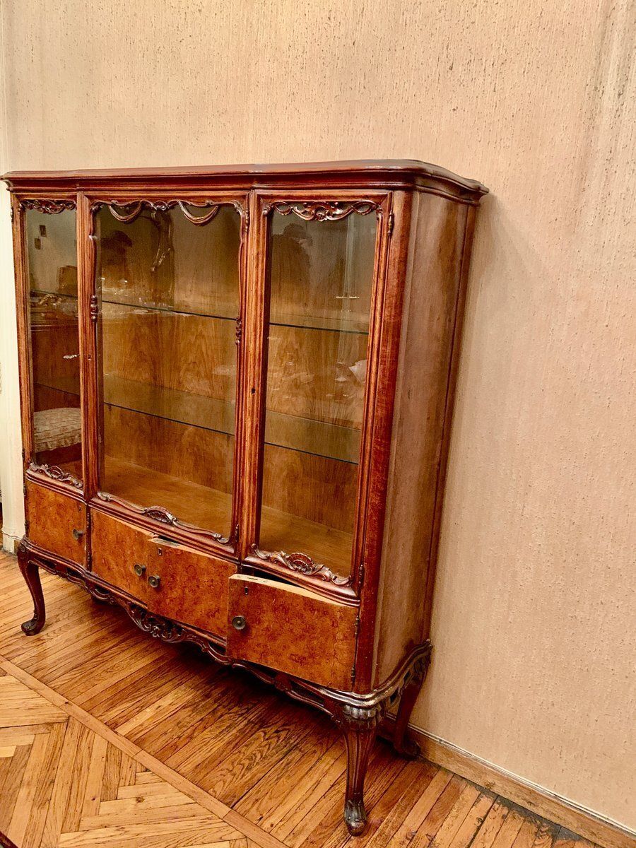 Italian Walnut Burl Chippendale Display Cabinet, 1960s photo for sale
