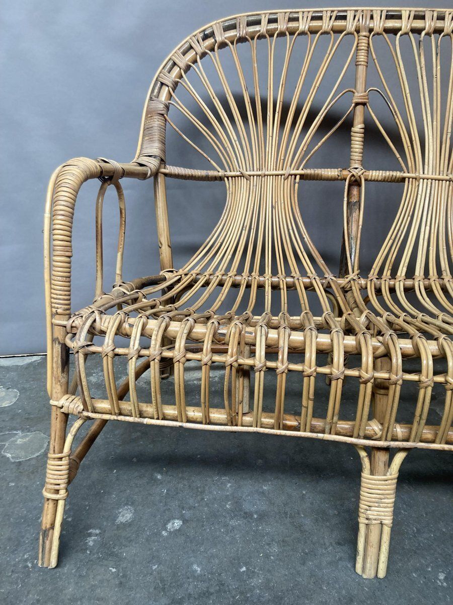 Rattan Loveseat And Table, 1950s, Set Of 2 photo vintage