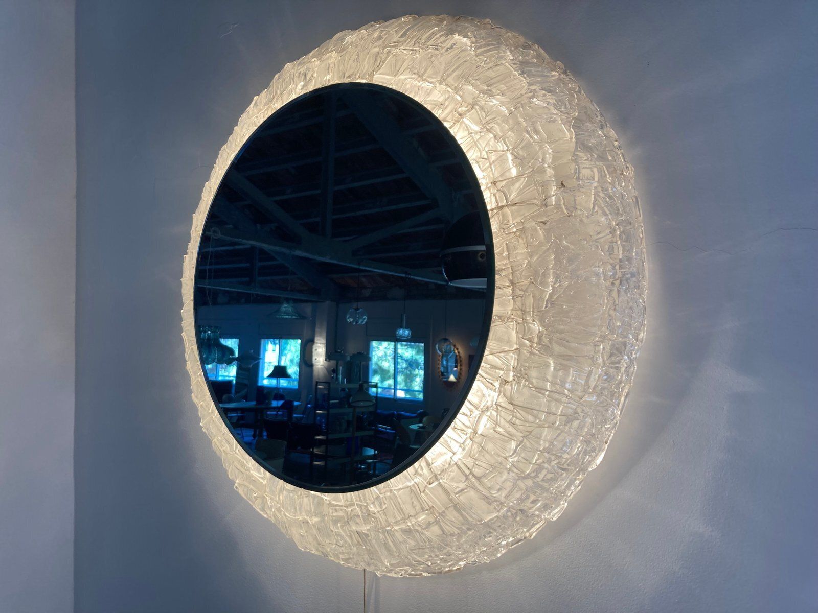 Lage Round Back Lit Acrylic Ice Glass Wall Mirror Attributed To Egon Hillebrand For Hillebrand Lighting, Germany, 1970s