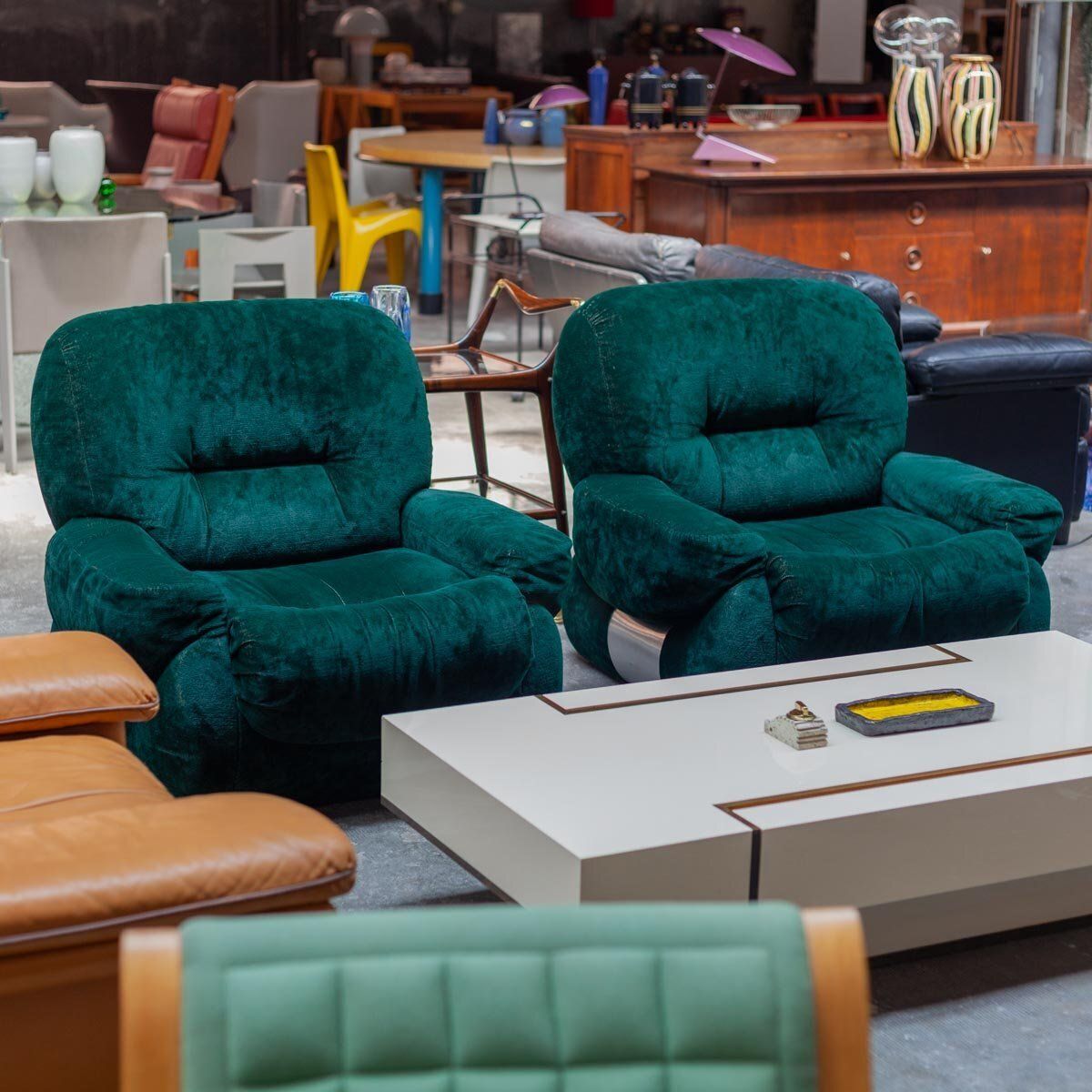Italian Green Velvet Lounge Chairs,1970s, Set Of 2 photo for sale