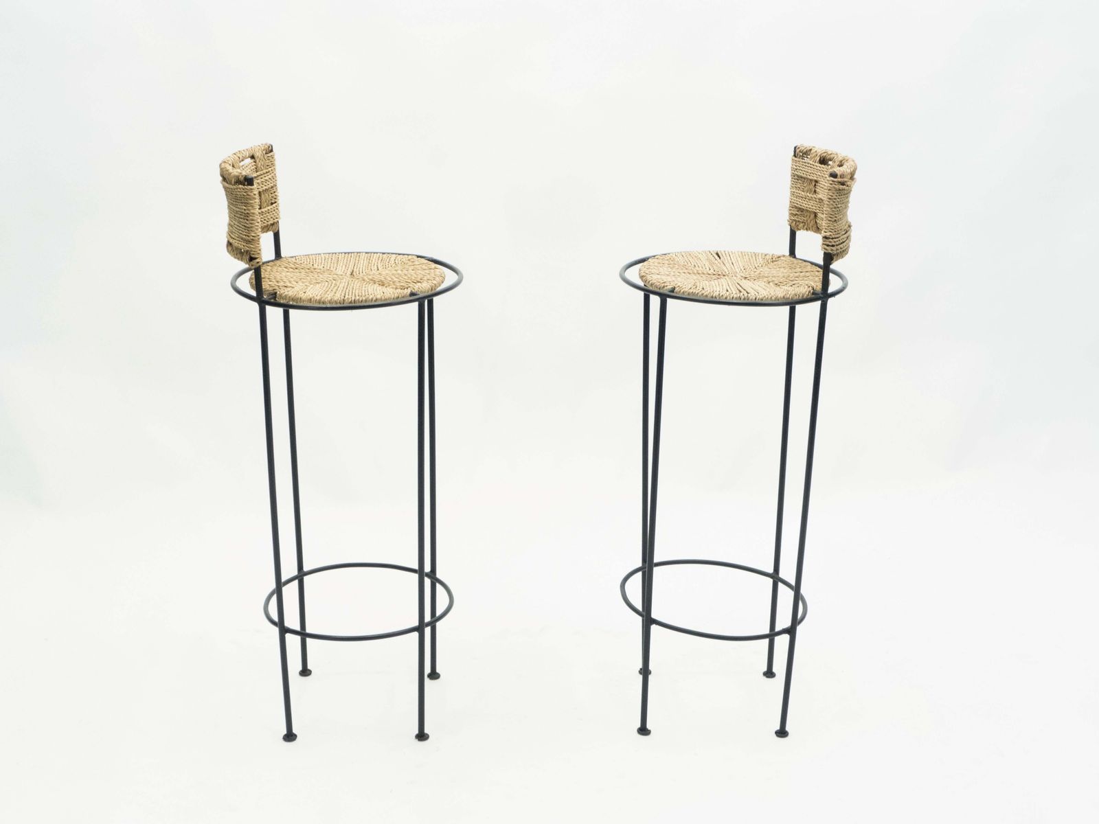 Paire de tabourets de bar français en corde et métal, attribué à Audoux Minet photo 2743.0